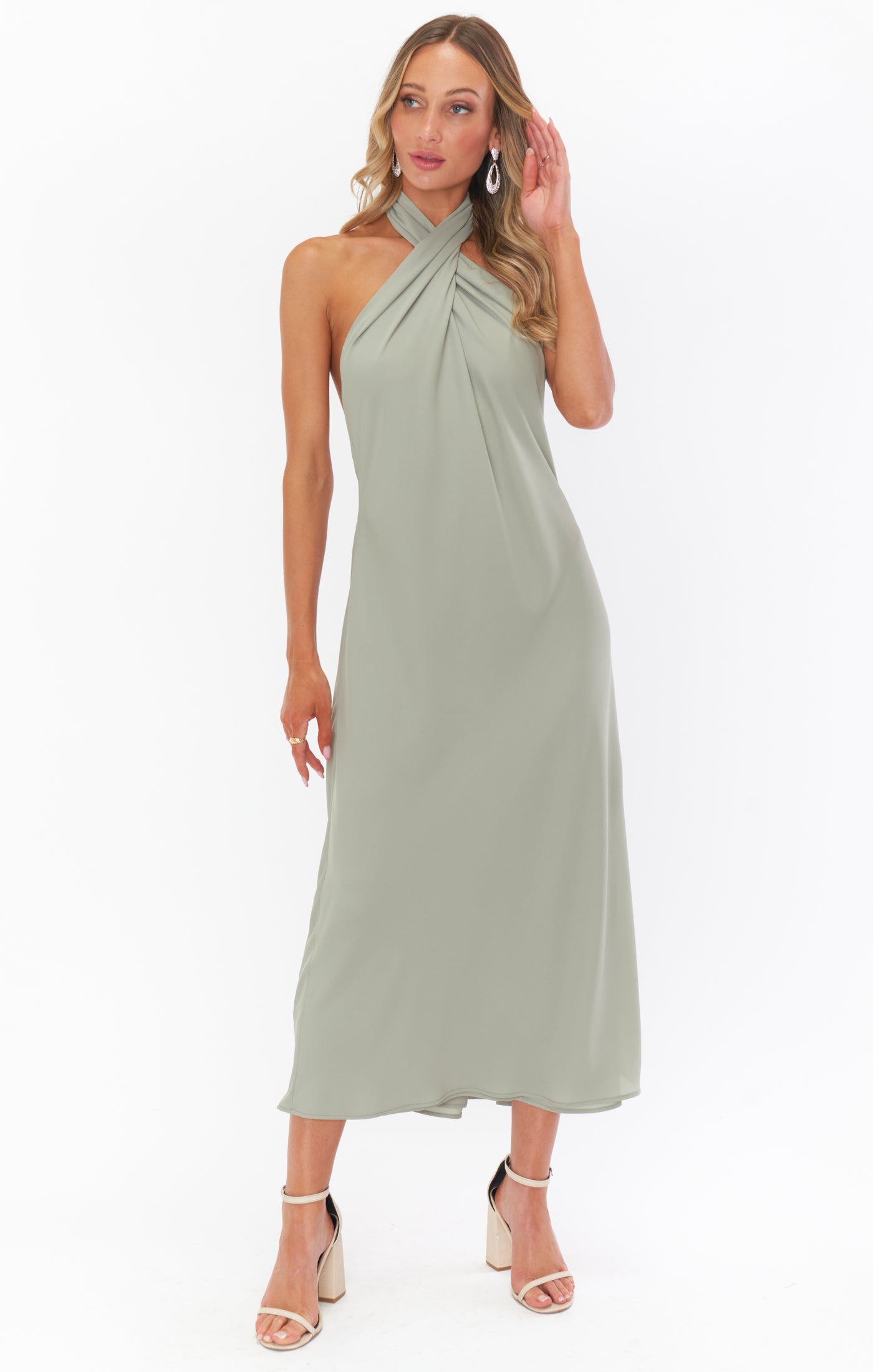 Jasmine Halter Midi Dress in Moss Green - Bias Cut & Open Back