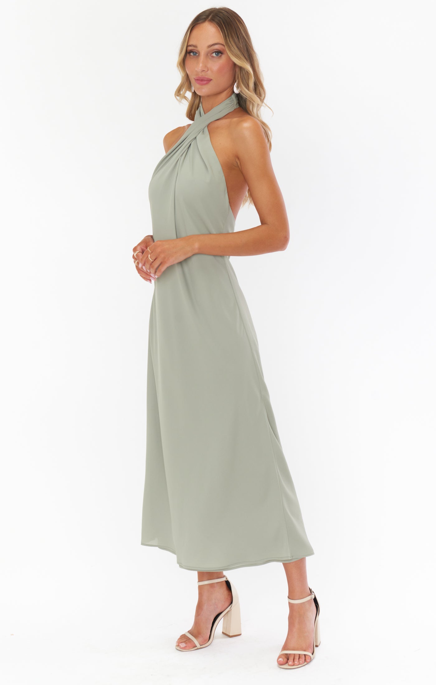 Jasmine Halter Midi Dress in Moss Green - Bias Cut & Open Back