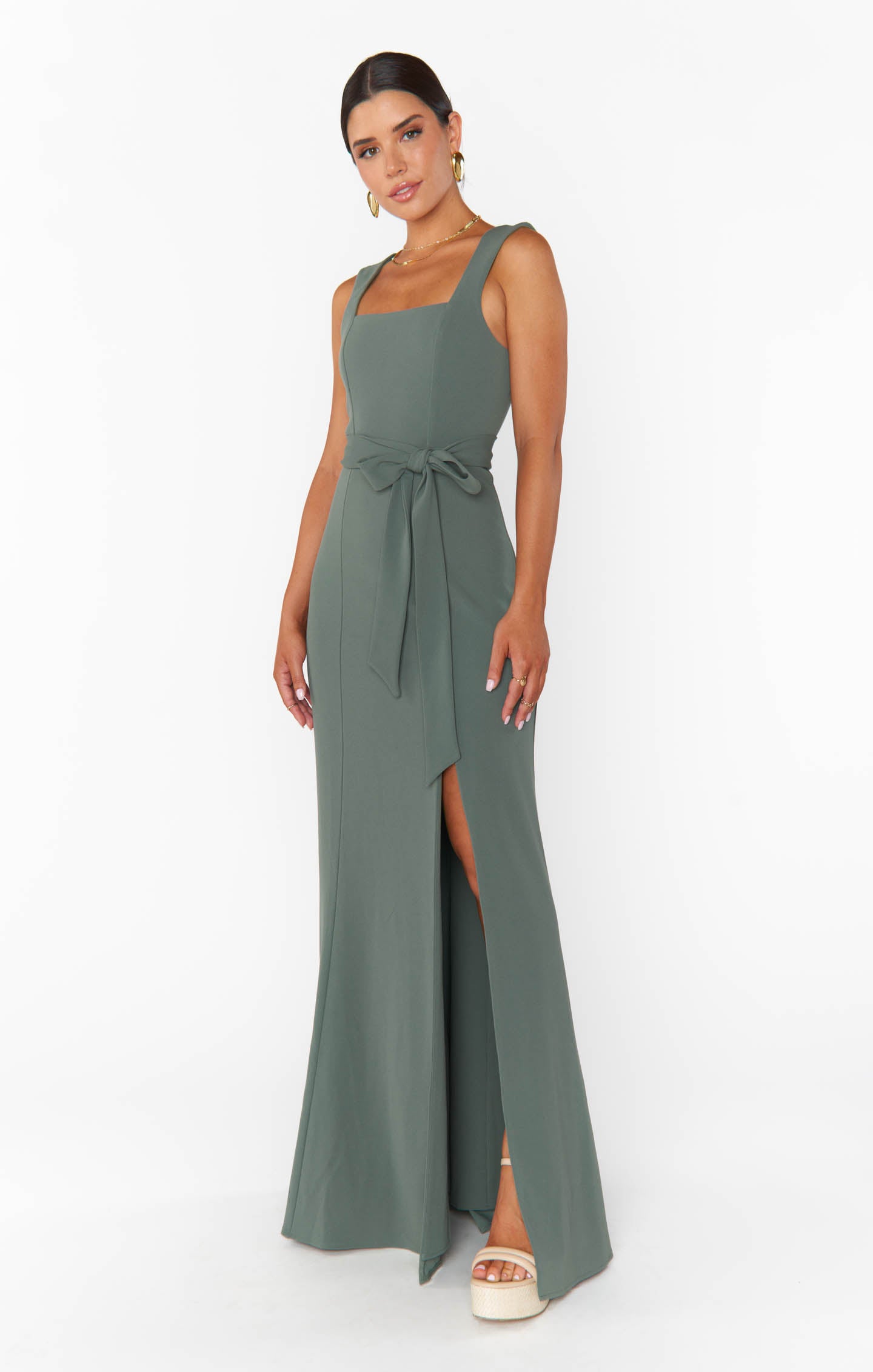 Sage Green Stretch Formal Maxi Dress with Side Slit