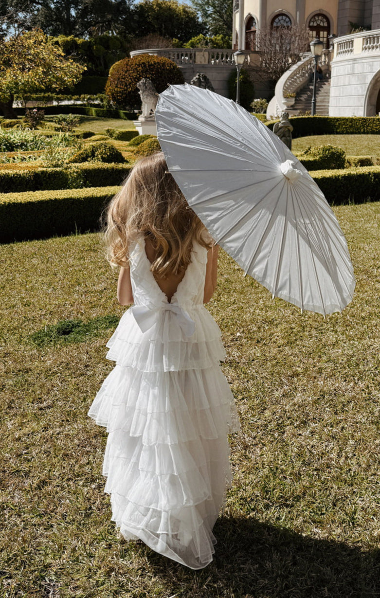White Tulle Lovebug Dress for Girls – Flutter Sleeves & Twirl Skirt