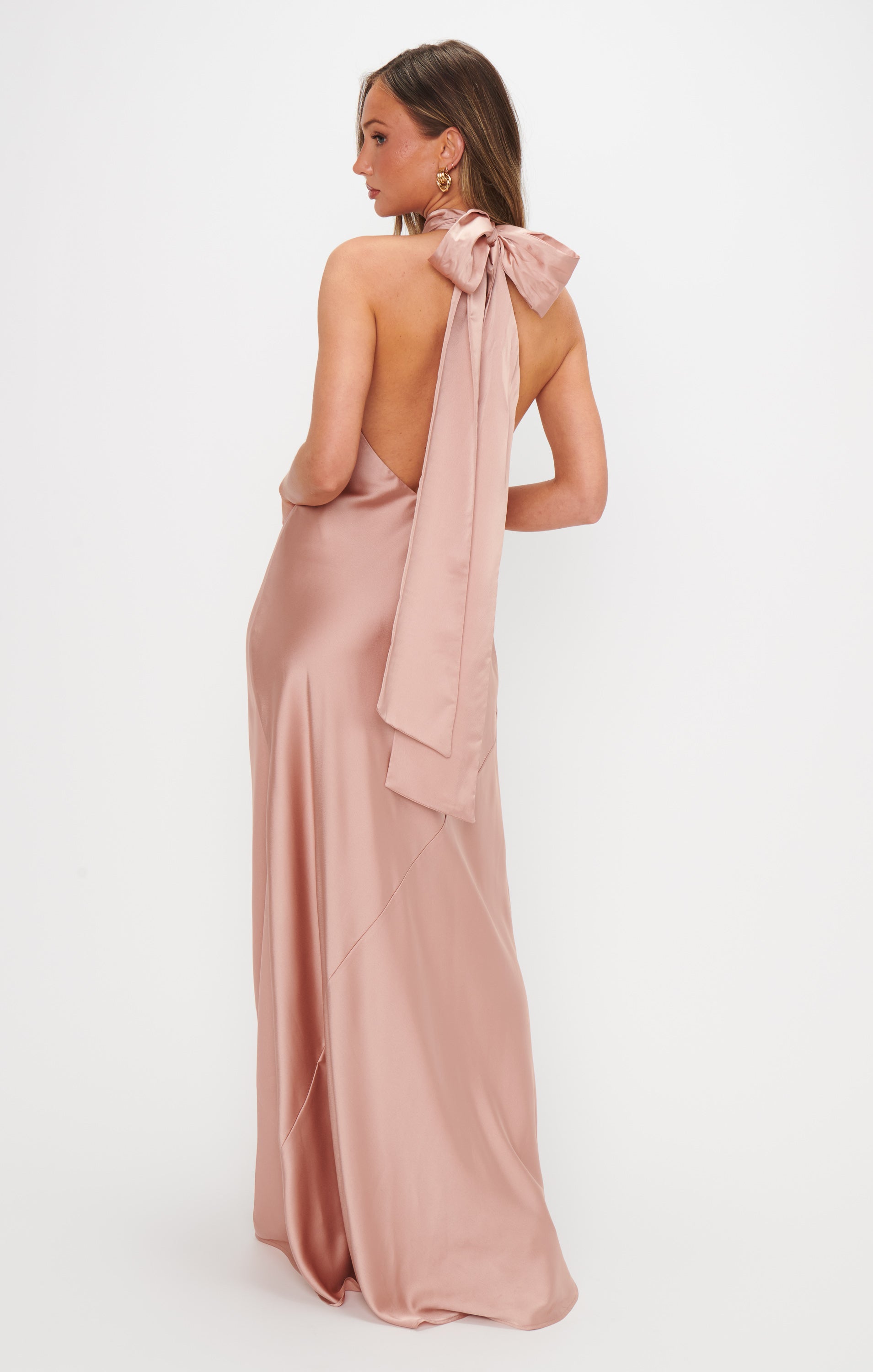 Lisa Maxi Dress - Rose Gold Satin Halter Neck Bridesmaid Gown