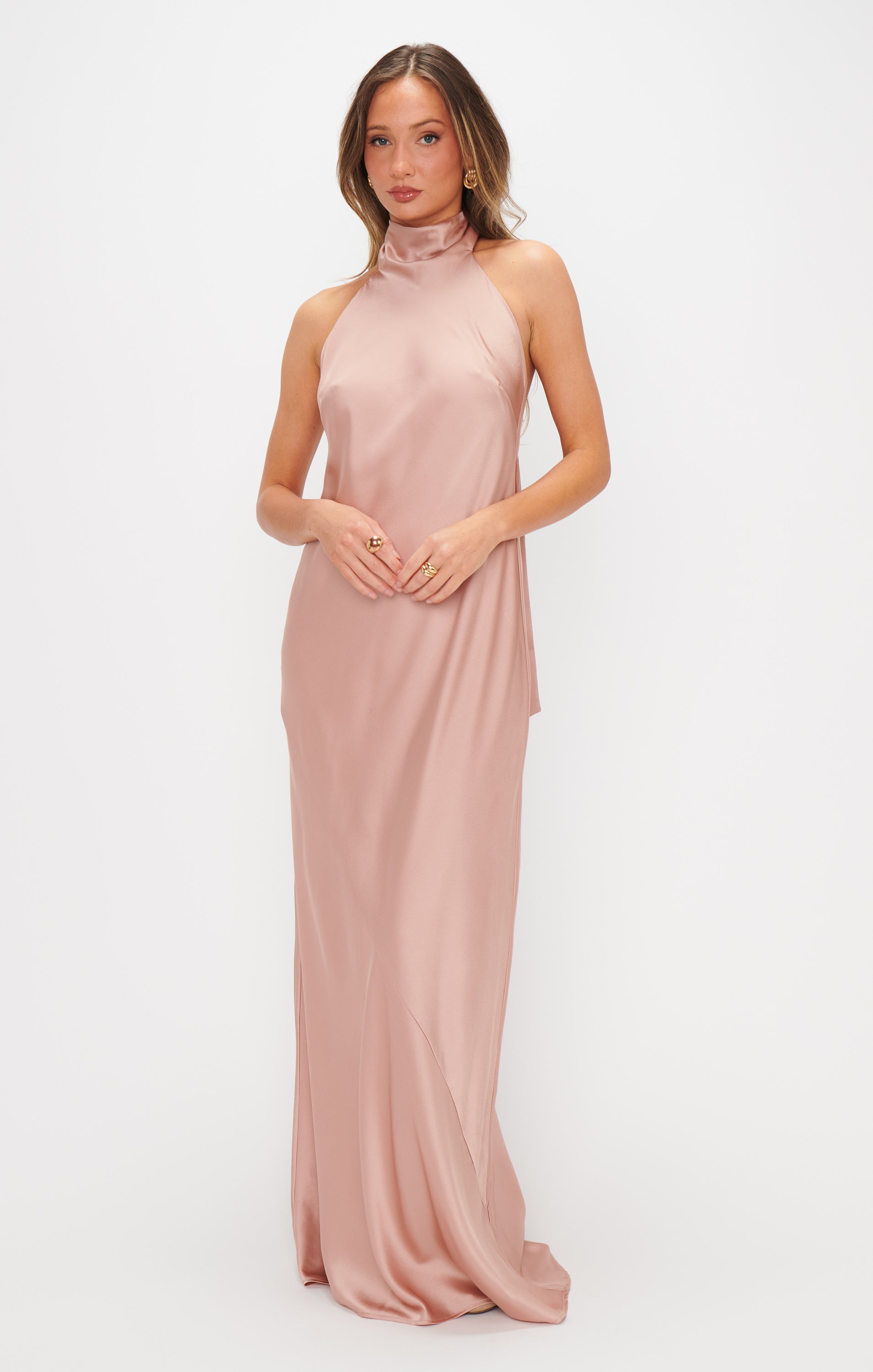 Lisa Maxi Dress - Rose Gold Satin Halter Neck Bridesmaid Gown