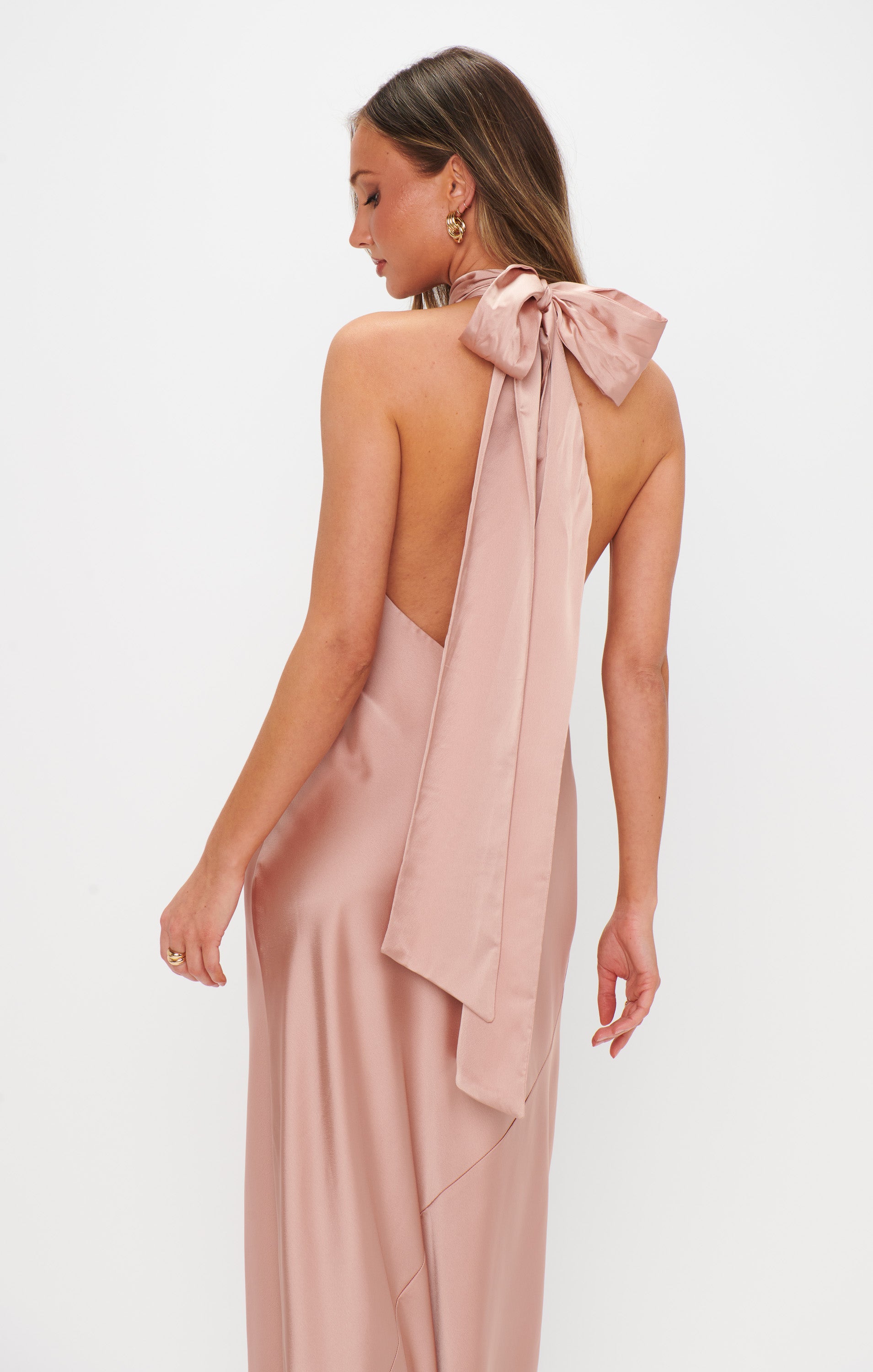Lisa Maxi Dress - Rose Gold Satin Halter Neck Bridesmaid Gown