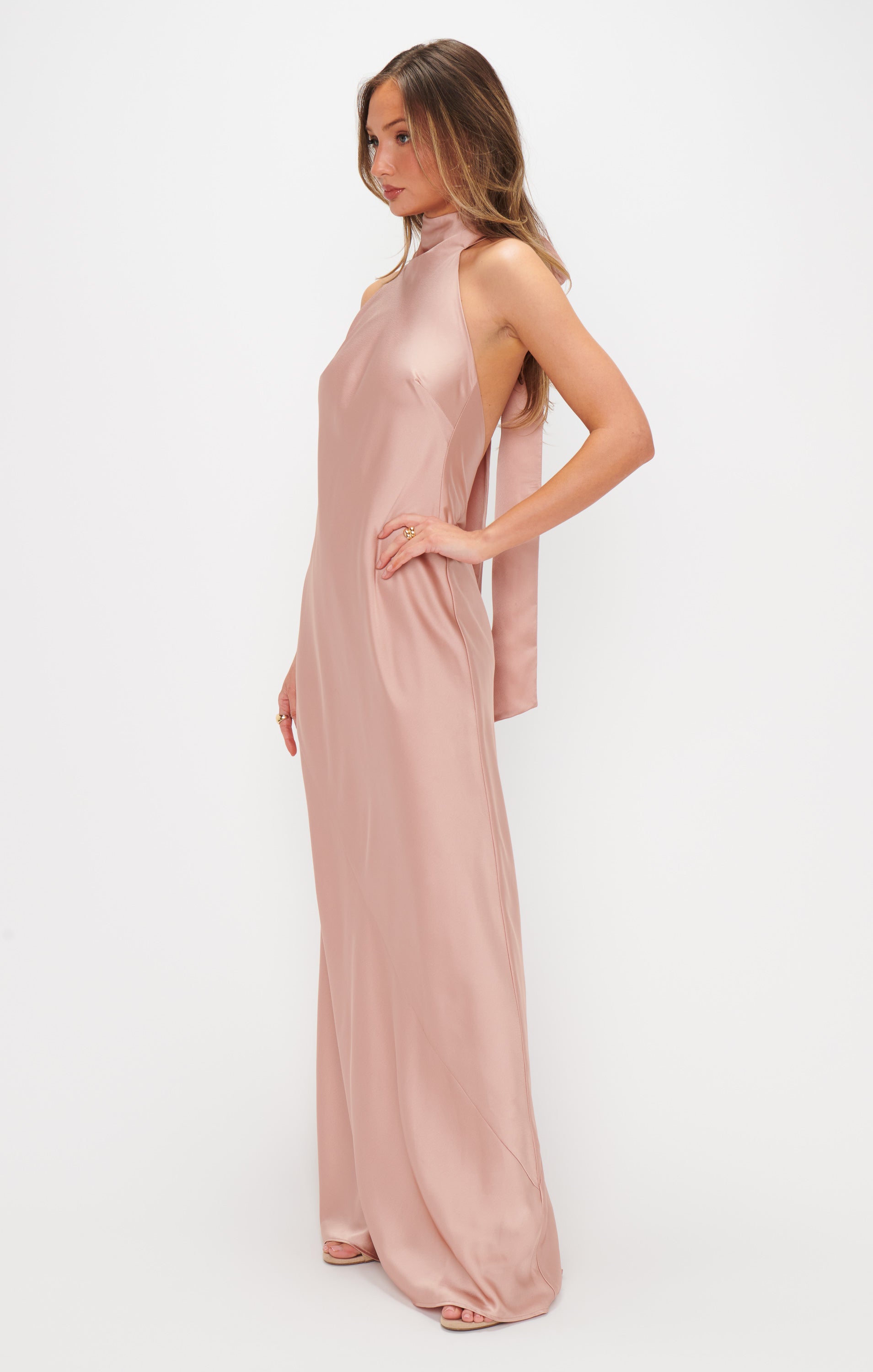 Lisa Maxi Dress - Rose Gold Satin Halter Neck Bridesmaid Gown