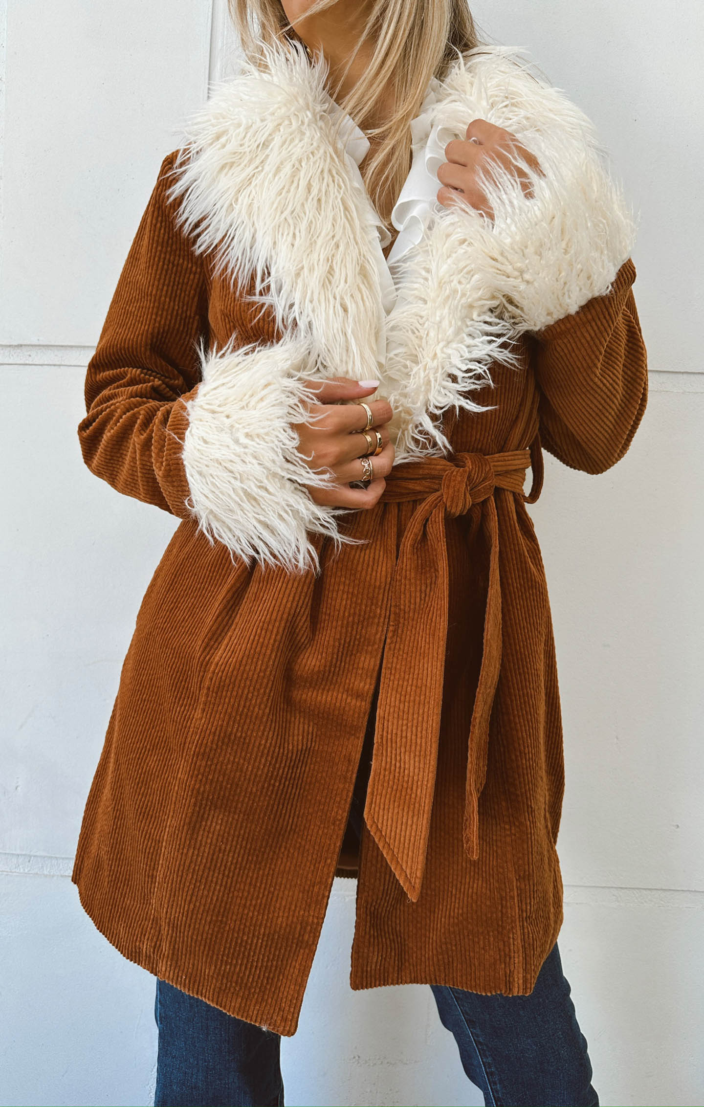 Penny Lane Corduroy Coat with Faux Fur Collar & Belt