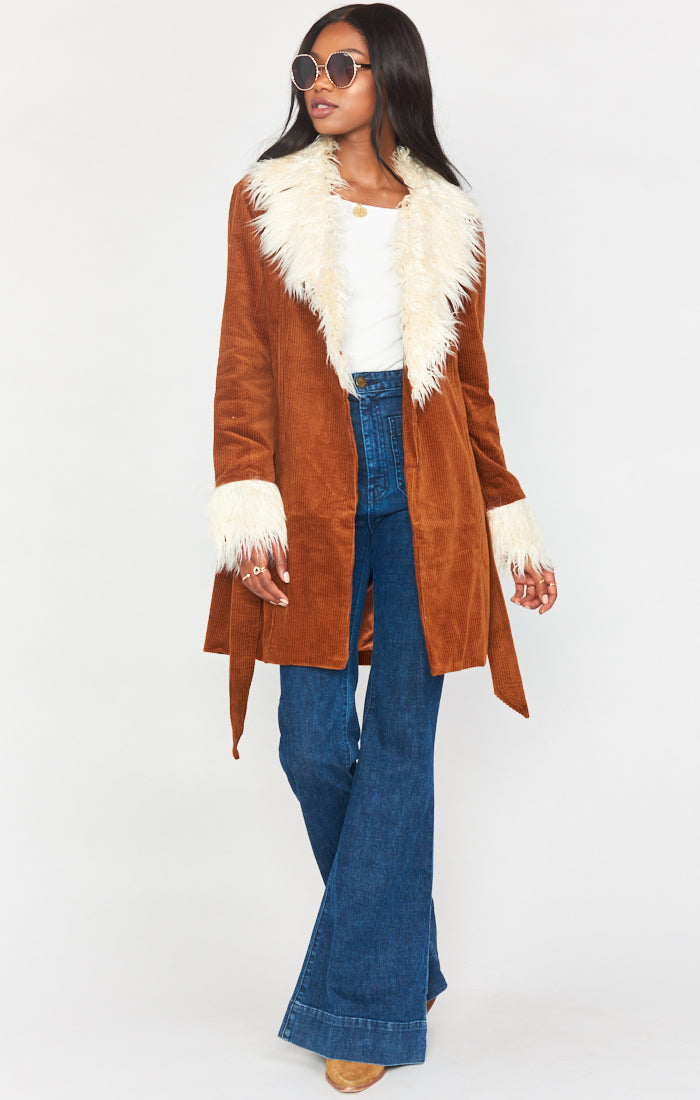 Penny Lane Corduroy Coat with Faux Fur Collar & Belt