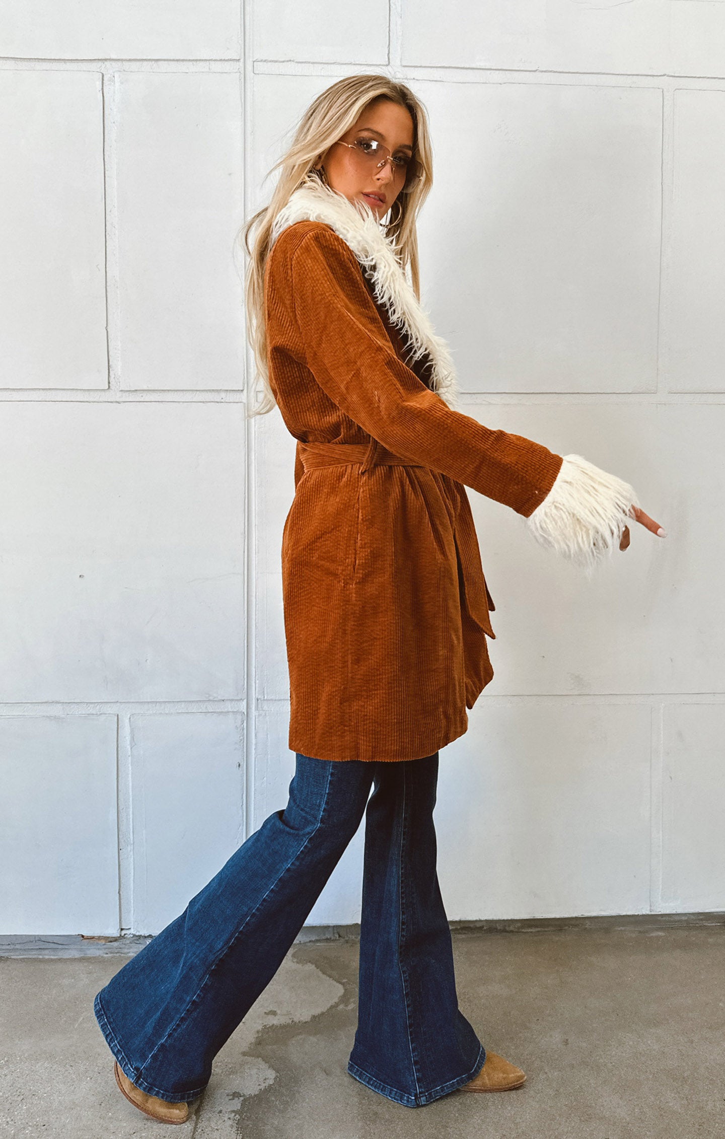 Penny Lane Corduroy Coat with Faux Fur Collar & Belt
