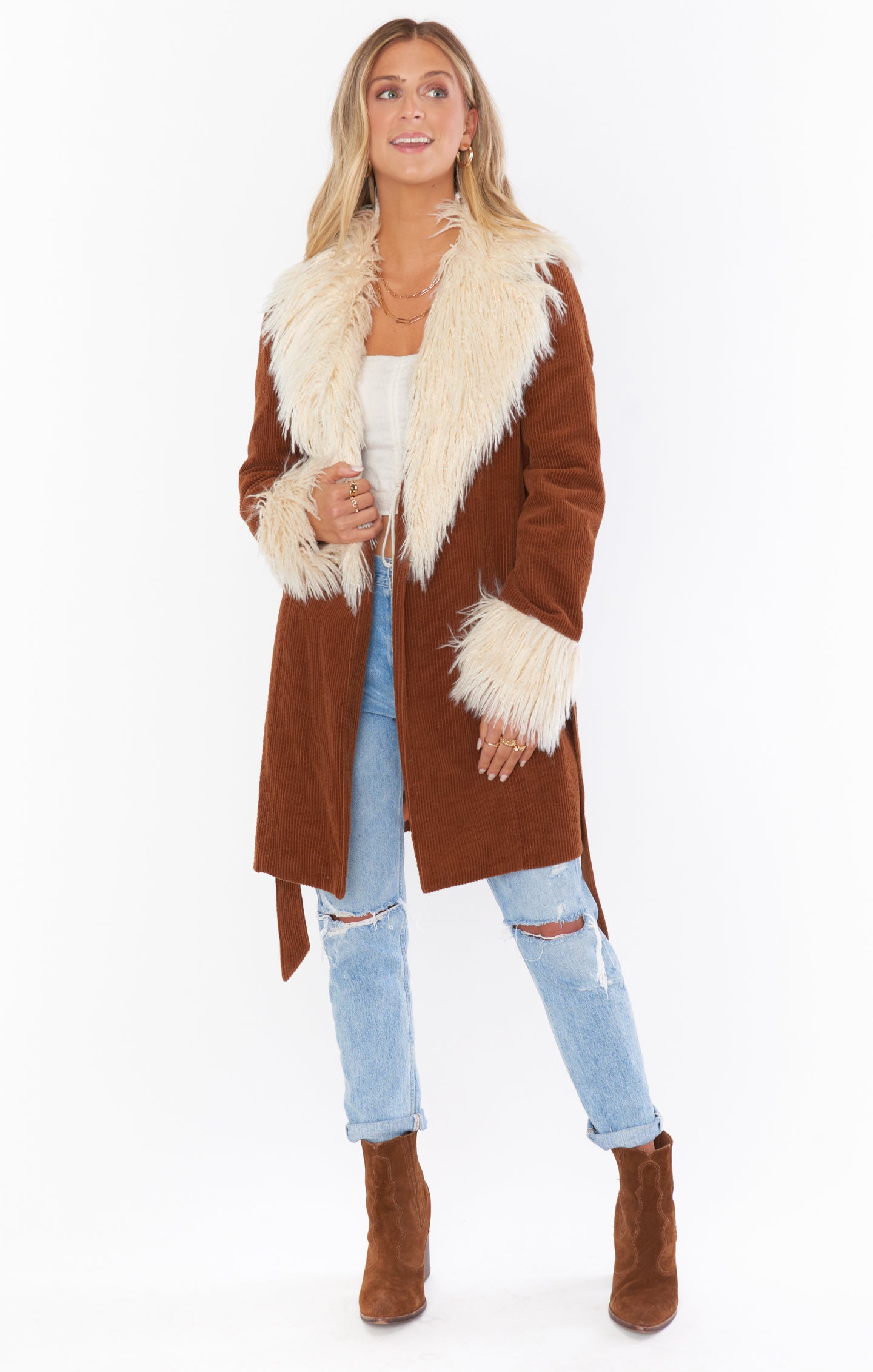 Penny Lane Corduroy Coat with Faux Fur Collar & Belt