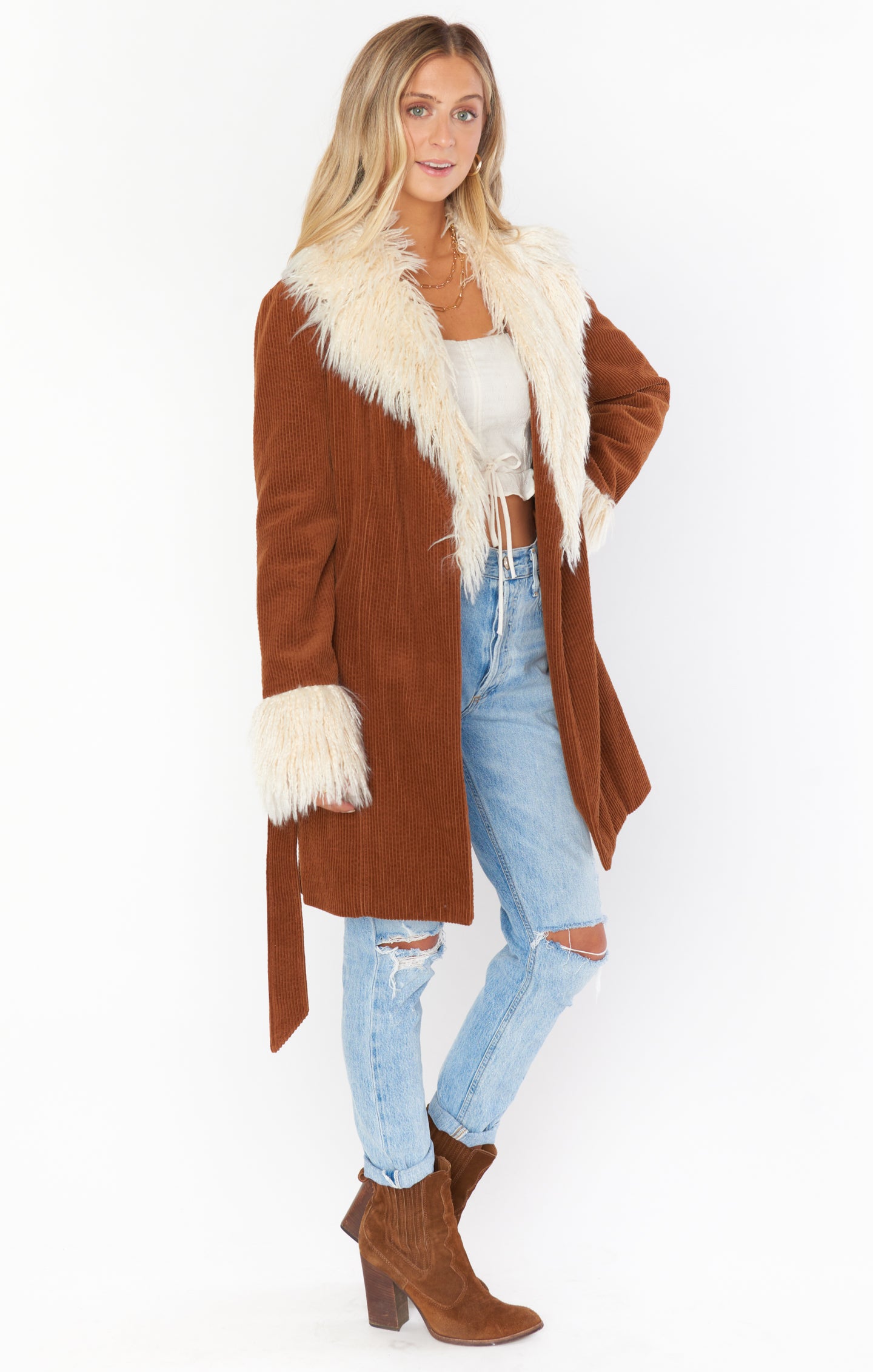 Penny Lane Corduroy Coat with Faux Fur Collar & Belt