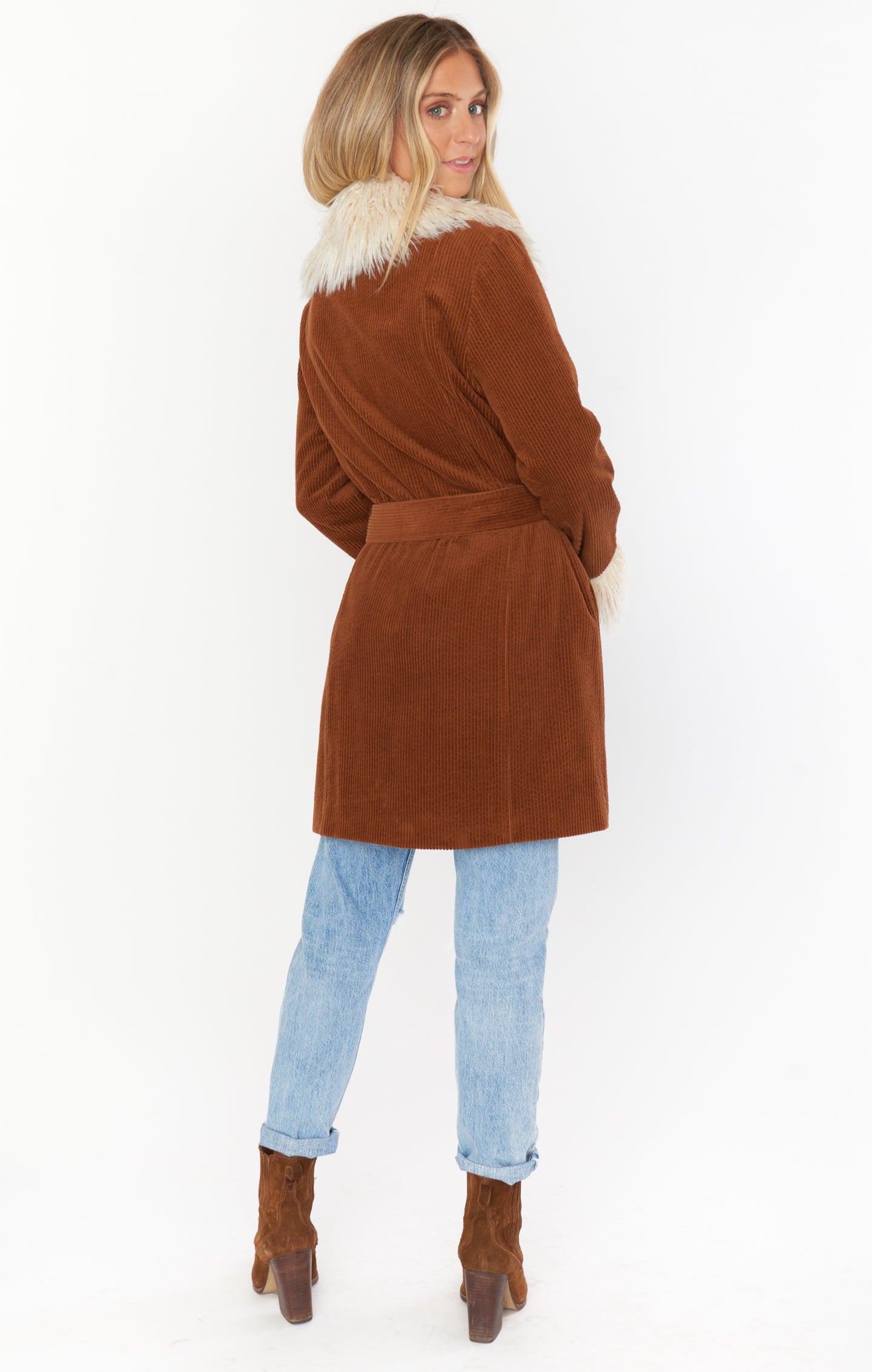 Penny Lane Corduroy Coat with Faux Fur Collar & Belt