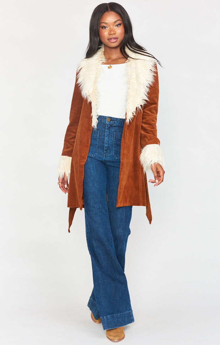 Penny Lane Corduroy Coat with Faux Fur Collar & Belt