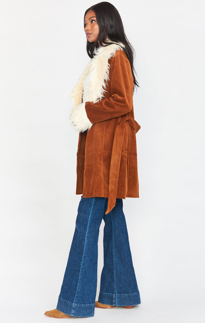 Penny Lane Corduroy Coat with Faux Fur Collar & Belt