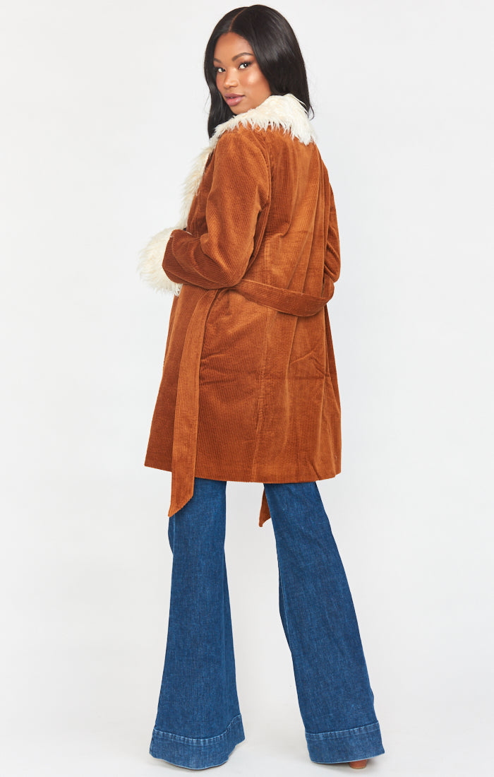 Penny Lane Corduroy Coat with Faux Fur Collar & Belt
