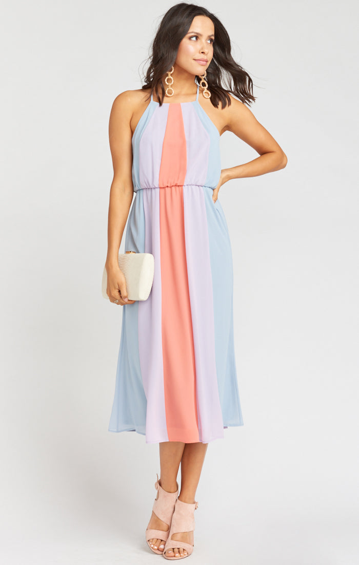 Colorblock Midi Dress with Adjustable Straps & Detachable Sash