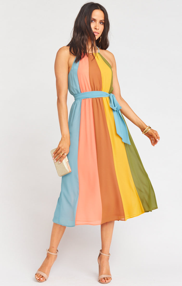 Colorblock Midi Dress with Adjustable Straps & Detachable Sash