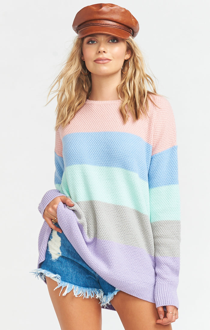 Pastel Striped Sweater with High Neck & Side Slits - Cozy Bonfire