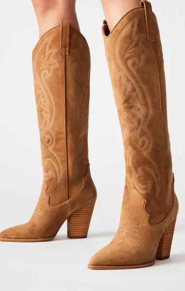 Steve Madden Lasso Knee-High Western Boots in Chestnut Suede
