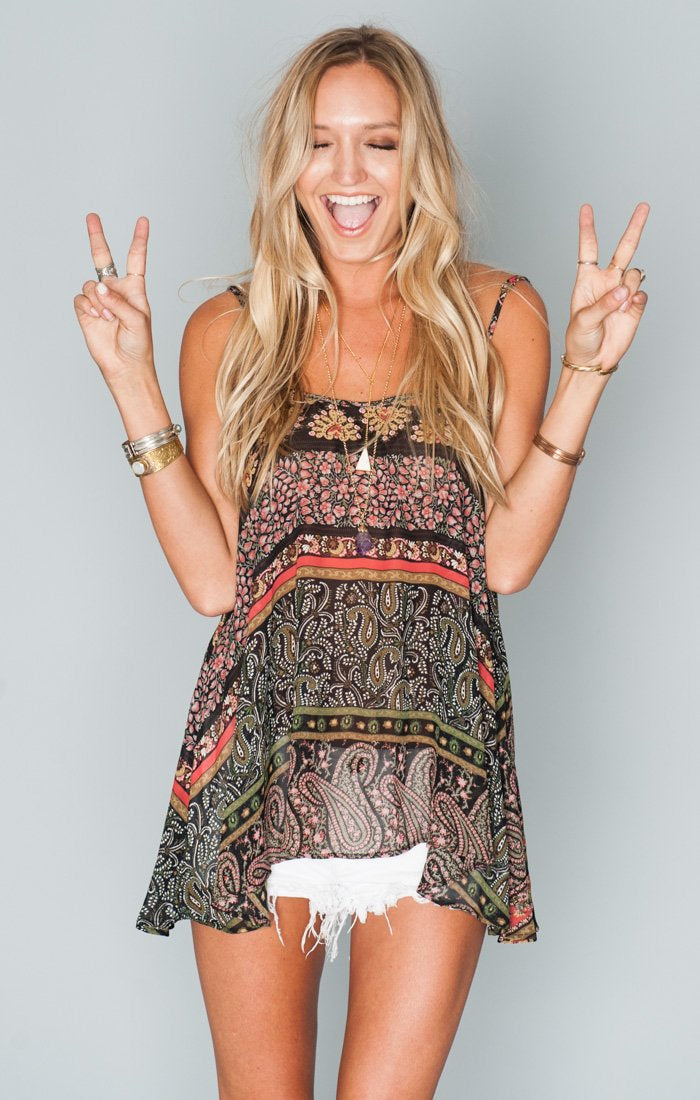 Lenz Flowy Chiffon Spaghetti Top with Adjustable Straps