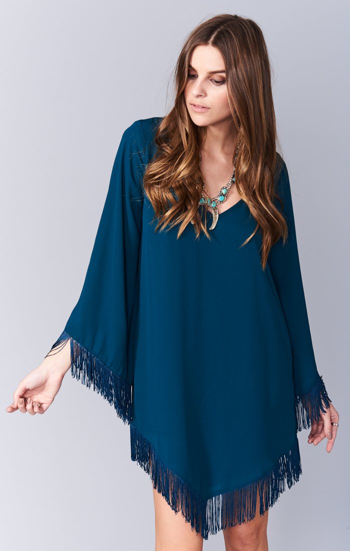 Cowgirl Fringe Dress with V-Neck & Long Sleeves – Made in USA