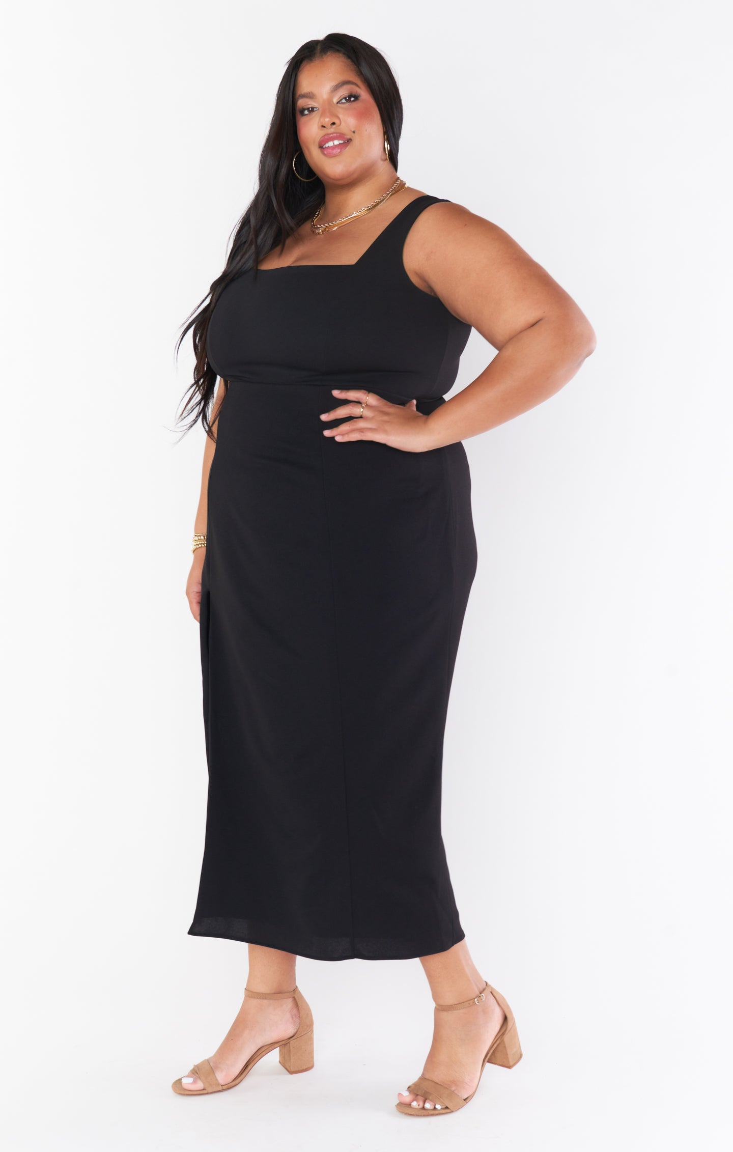 Black Stretch Square Neck Midi Dress with Side Slit