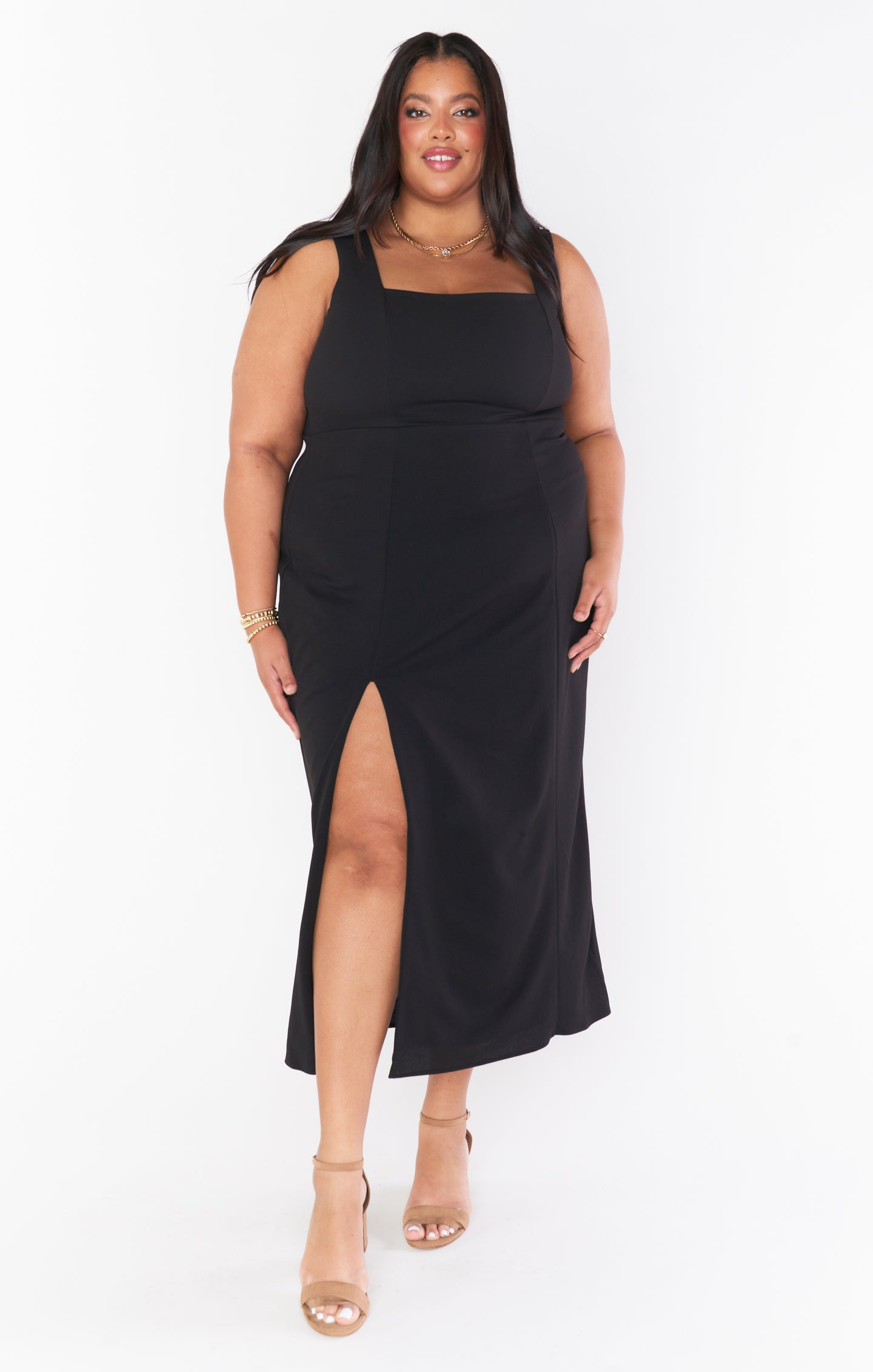 Black Stretch Square Neck Midi Dress with Side Slit