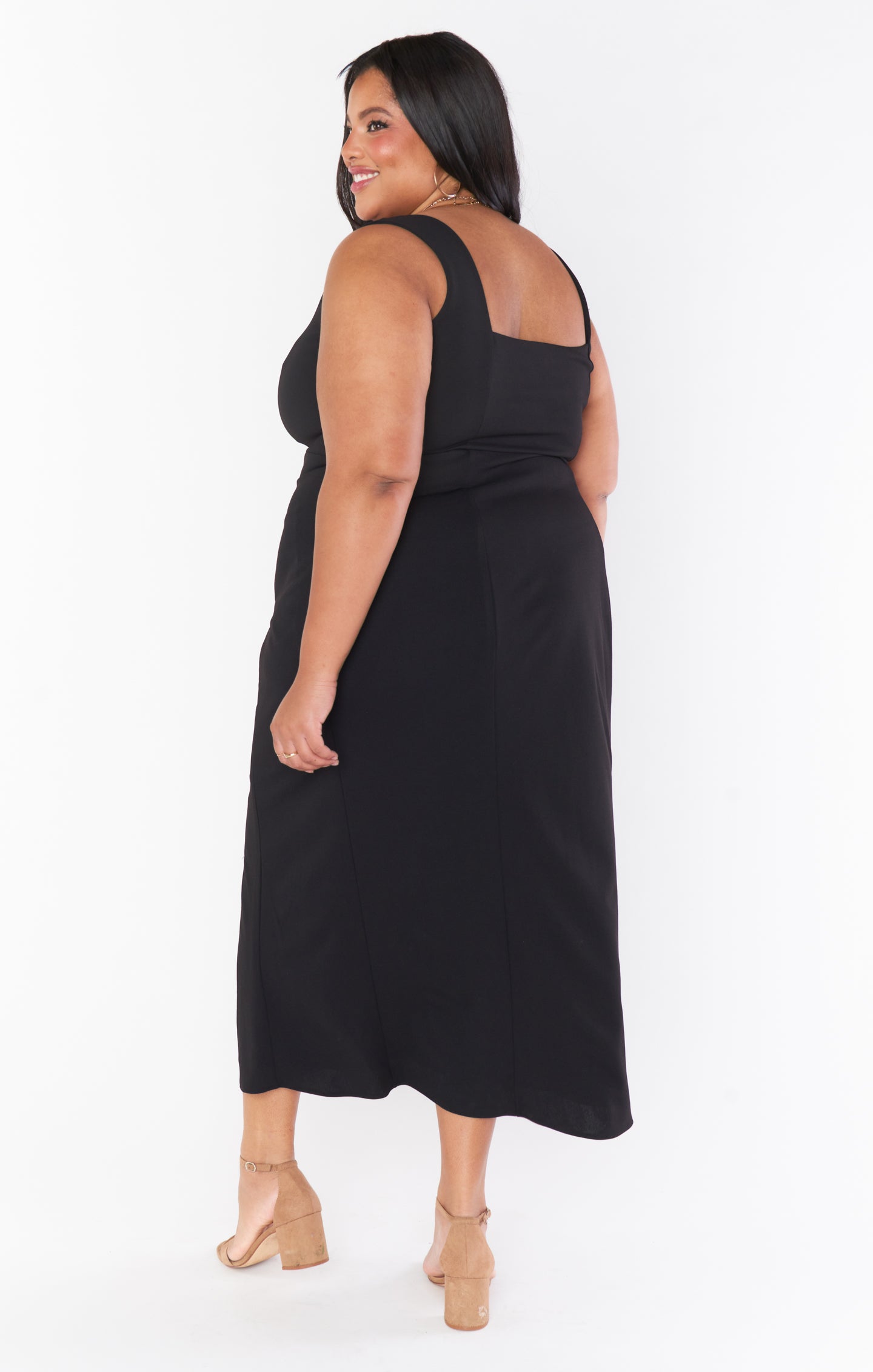 Black Stretch Square Neck Midi Dress with Side Slit