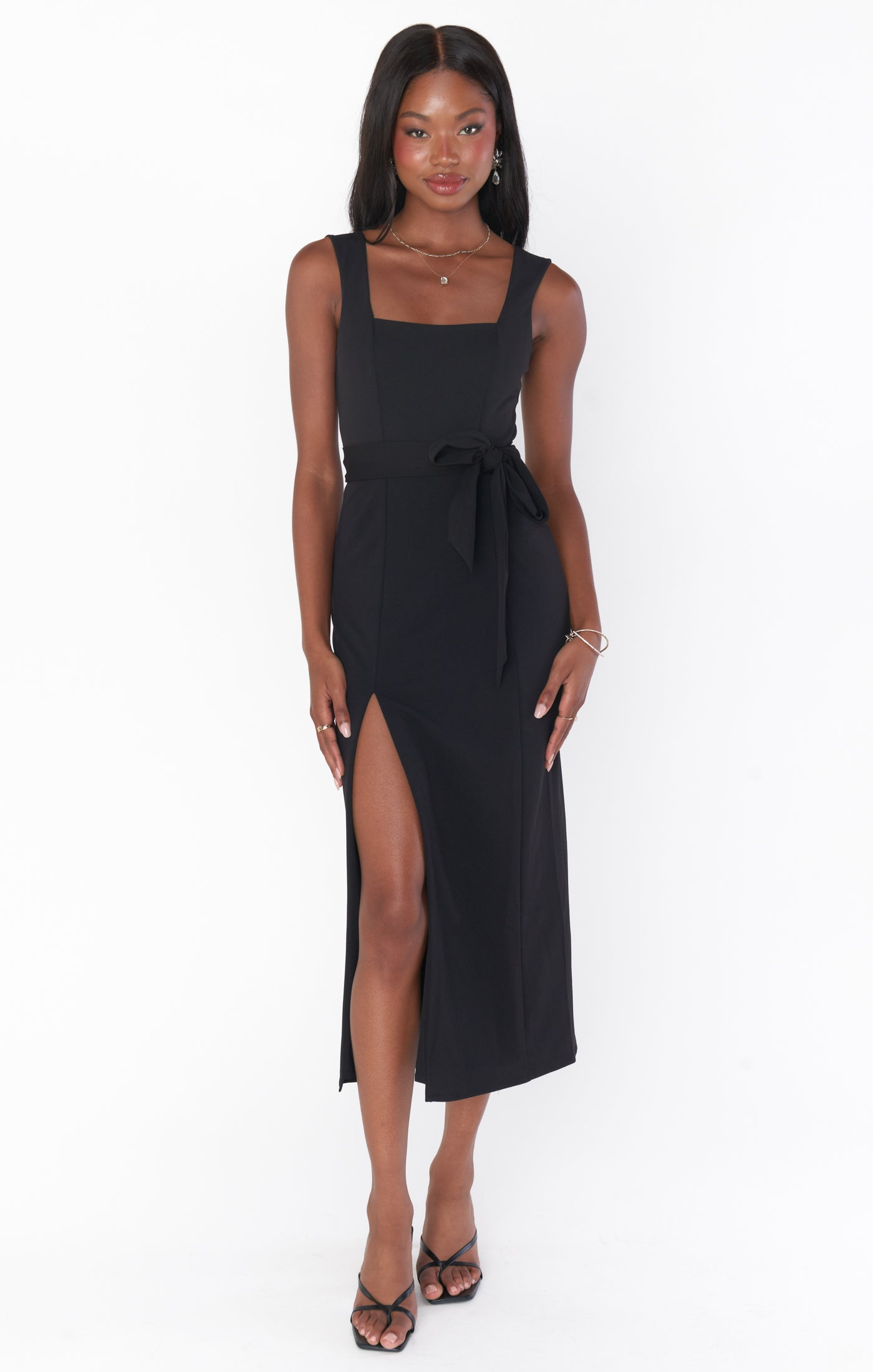 Black Stretch Square Neck Midi Dress with Side Slit