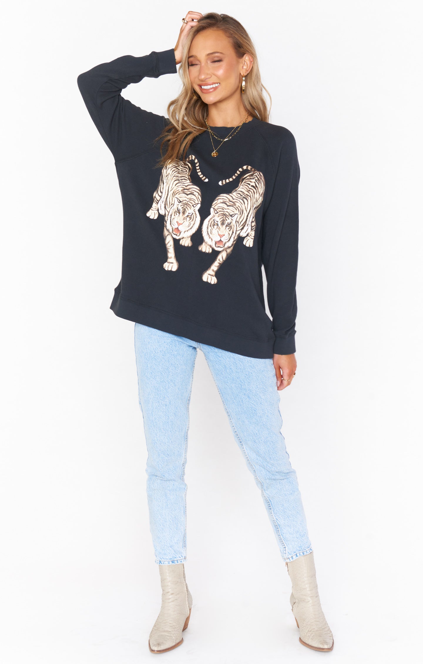 Simon Dancing Tiger Graphic Pullover Sweatshirt - Relaxed Fit Black