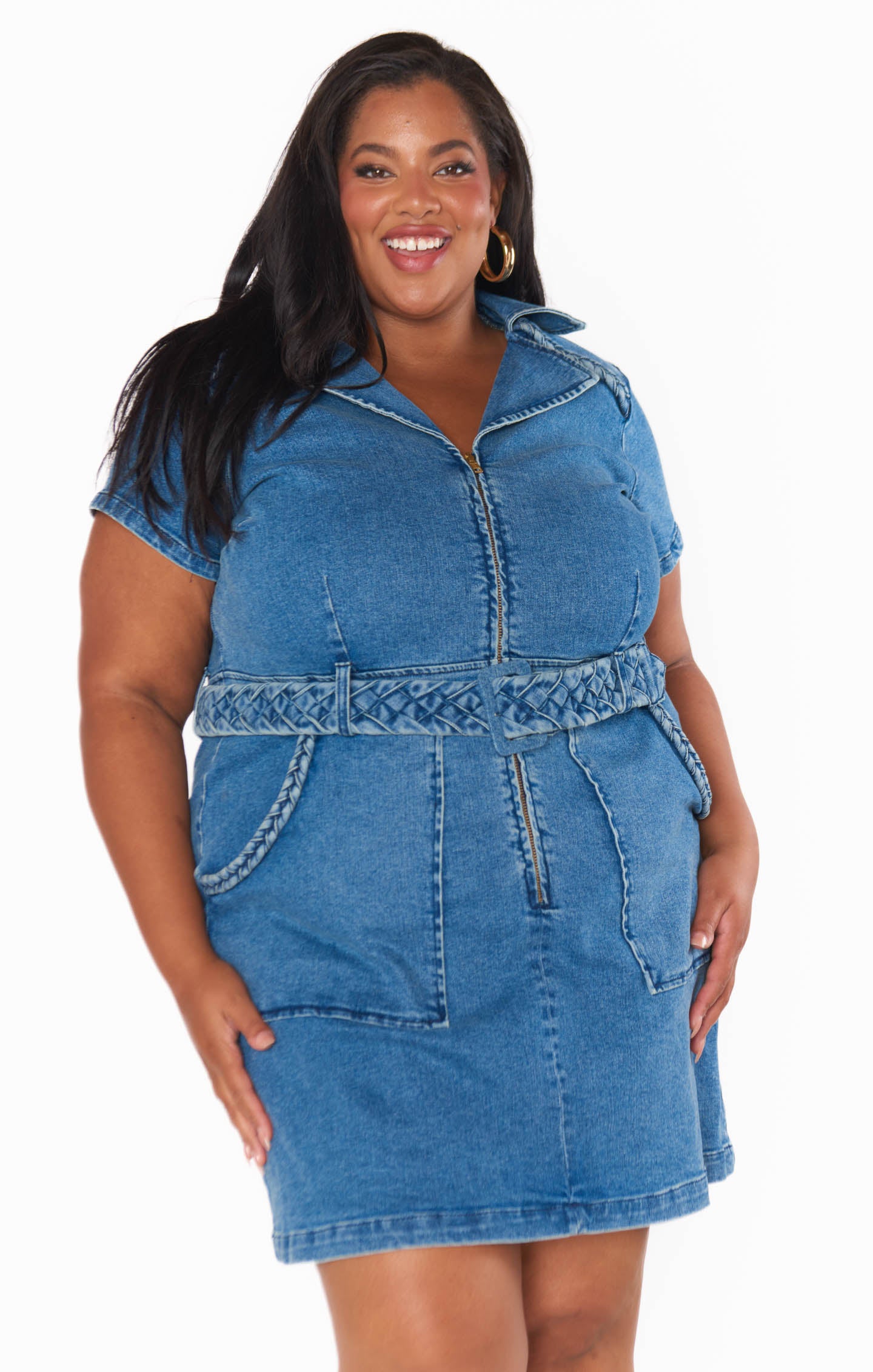 Denim Mini Dress with Front Zip & Cargo Pockets - Outlaw