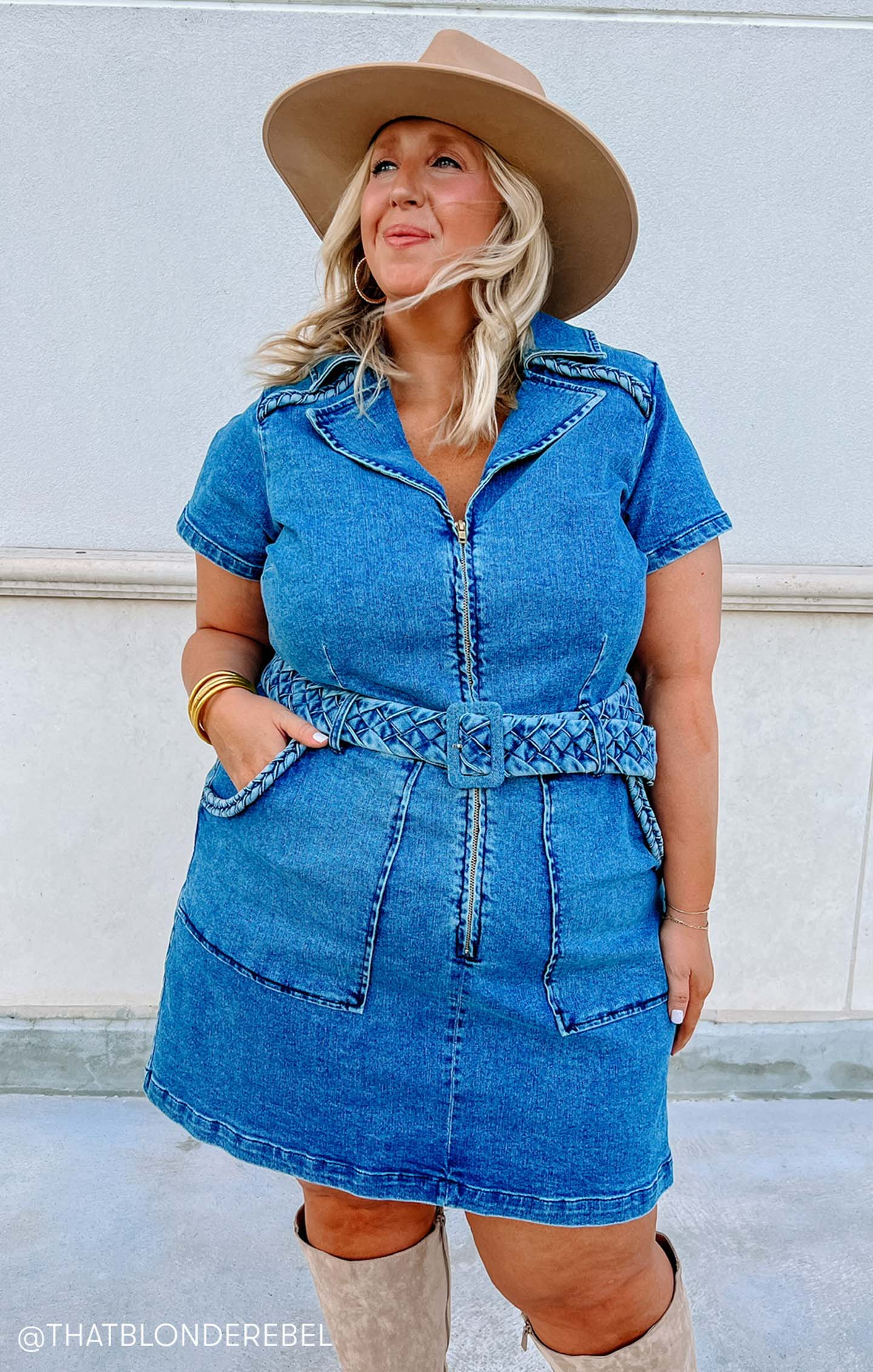 Denim Mini Dress with Front Zip & Cargo Pockets - Outlaw