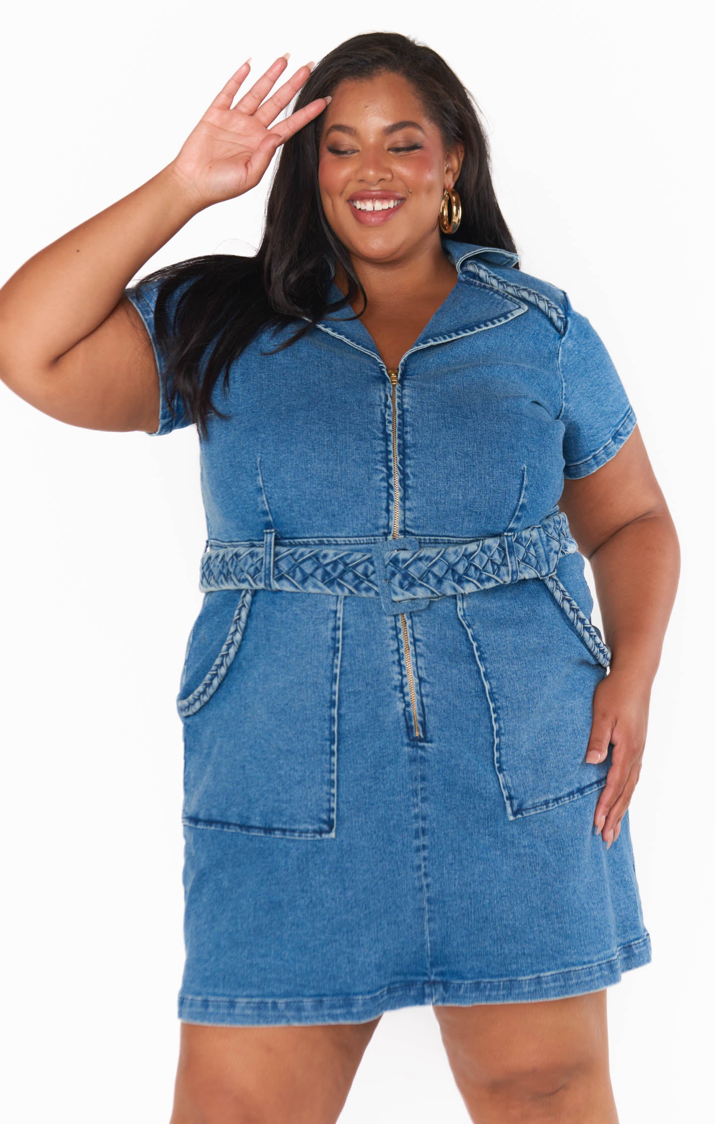 Denim Mini Dress with Front Zip & Cargo Pockets - Outlaw