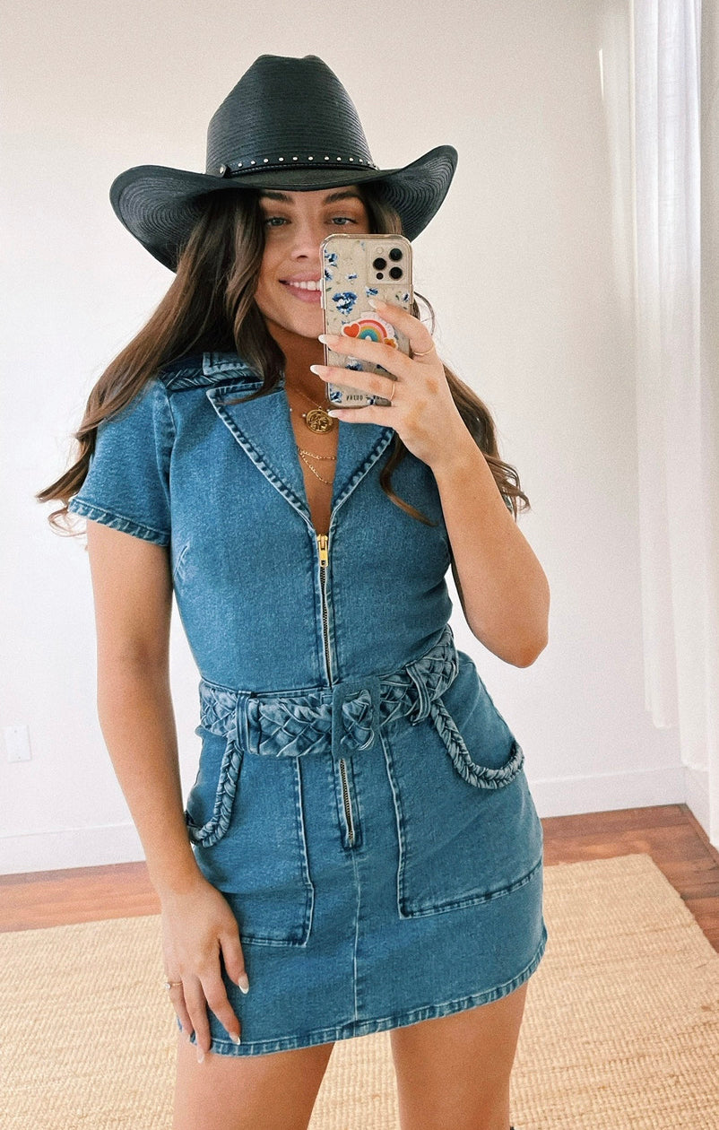 Denim Mini Dress with Front Zip & Cargo Pockets - Outlaw