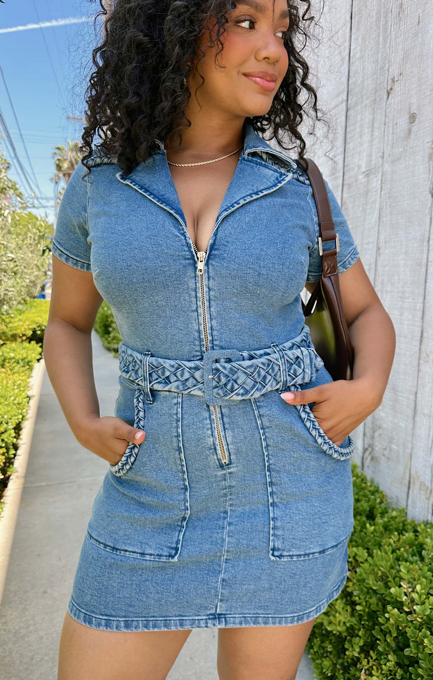 Denim Mini Dress with Front Zip & Cargo Pockets - Outlaw