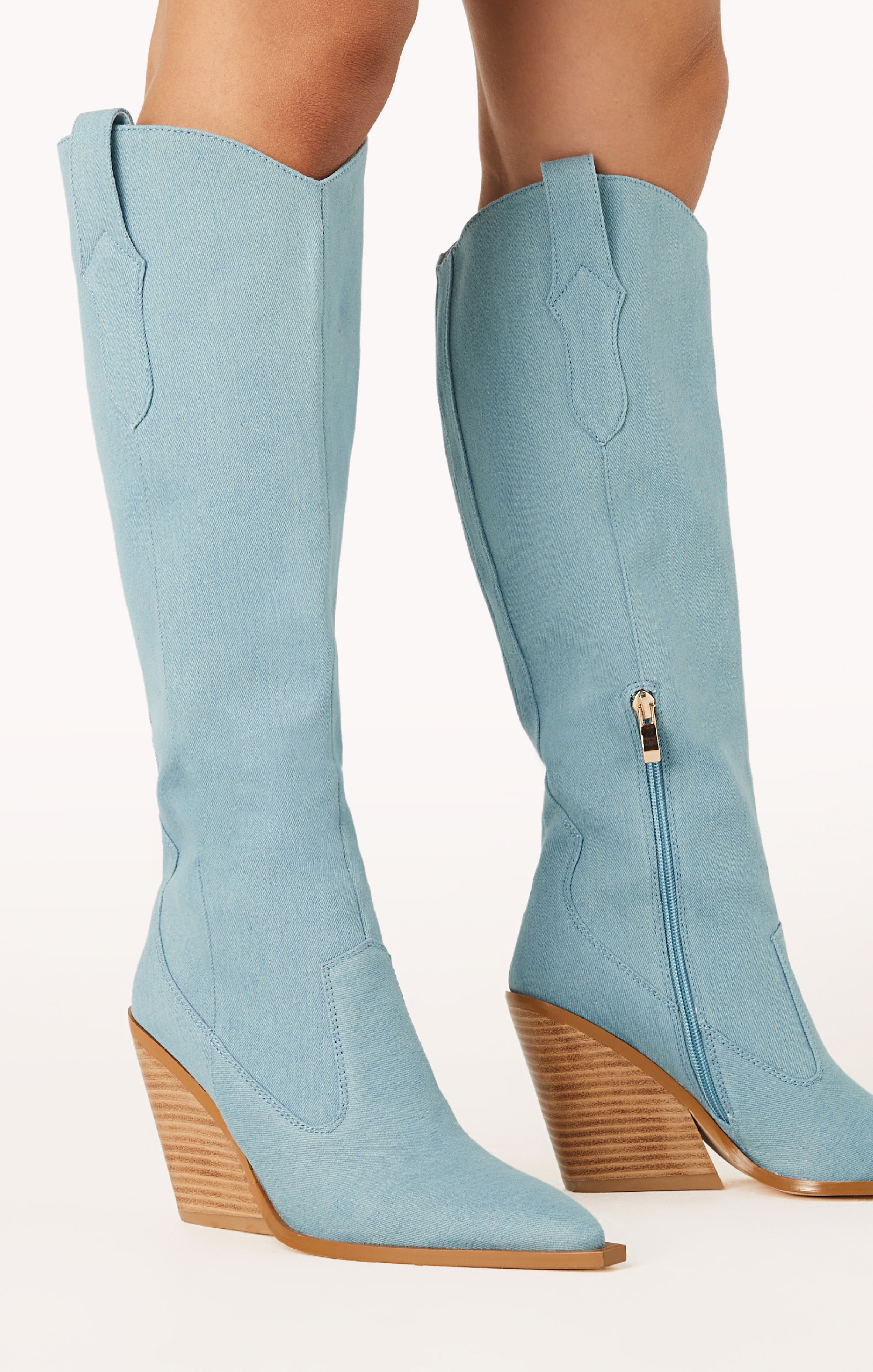 Billini Coraline Light Denim Western Boots with Wooden Wedge Heel