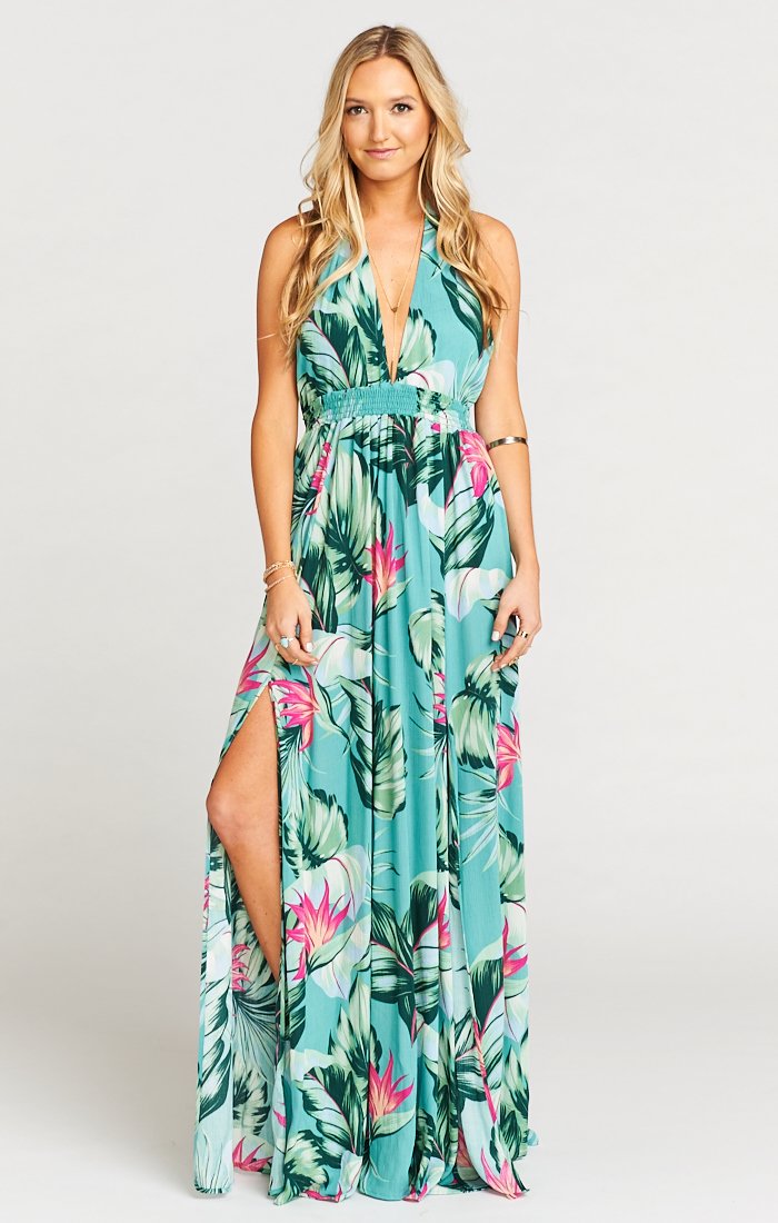 Vacation Maxi Dress with V-Neck Halter & Side Slit – Made in USA