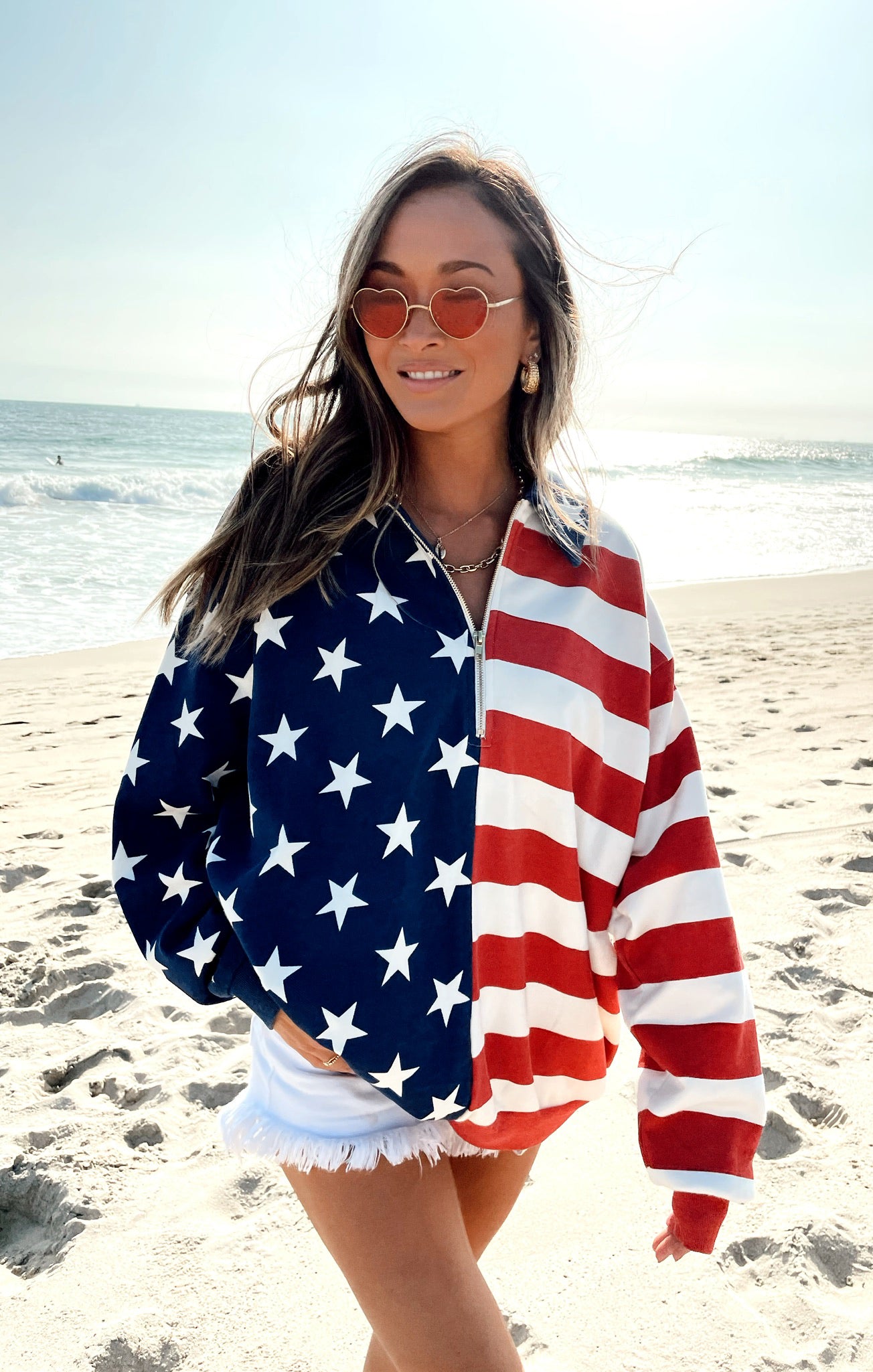 Patriotic Benny Oversized Half Zip Sweatshirt – Flag Knit Design