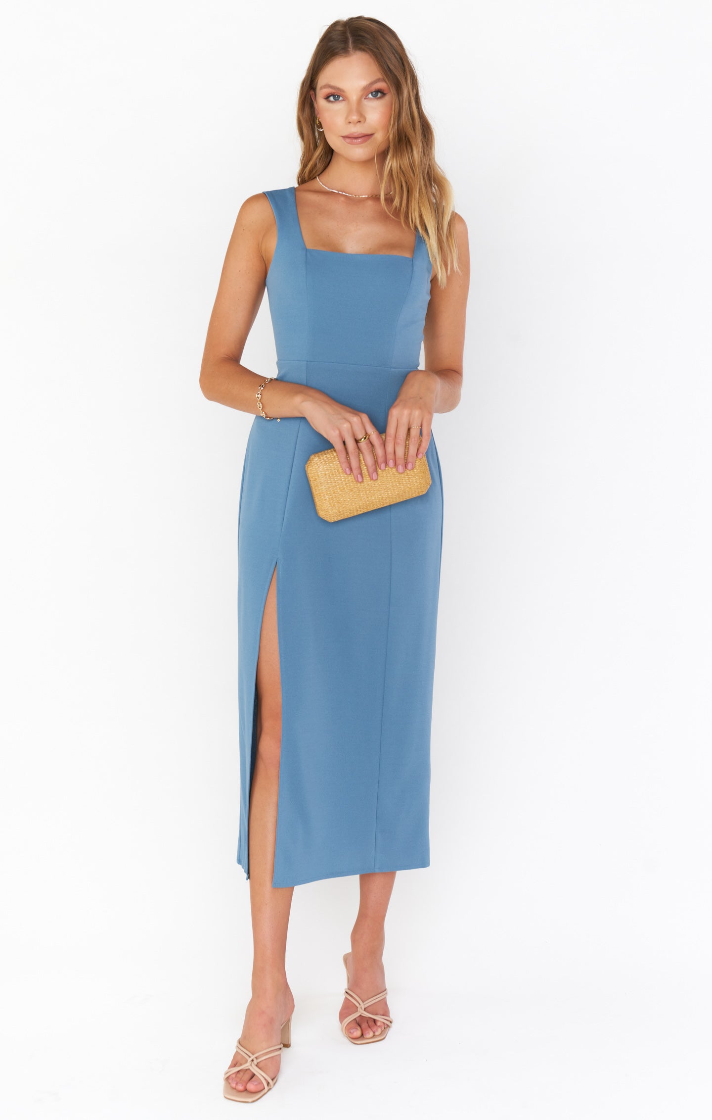 French Blue Stretch Midi Dress with Side Slit & Square Neck