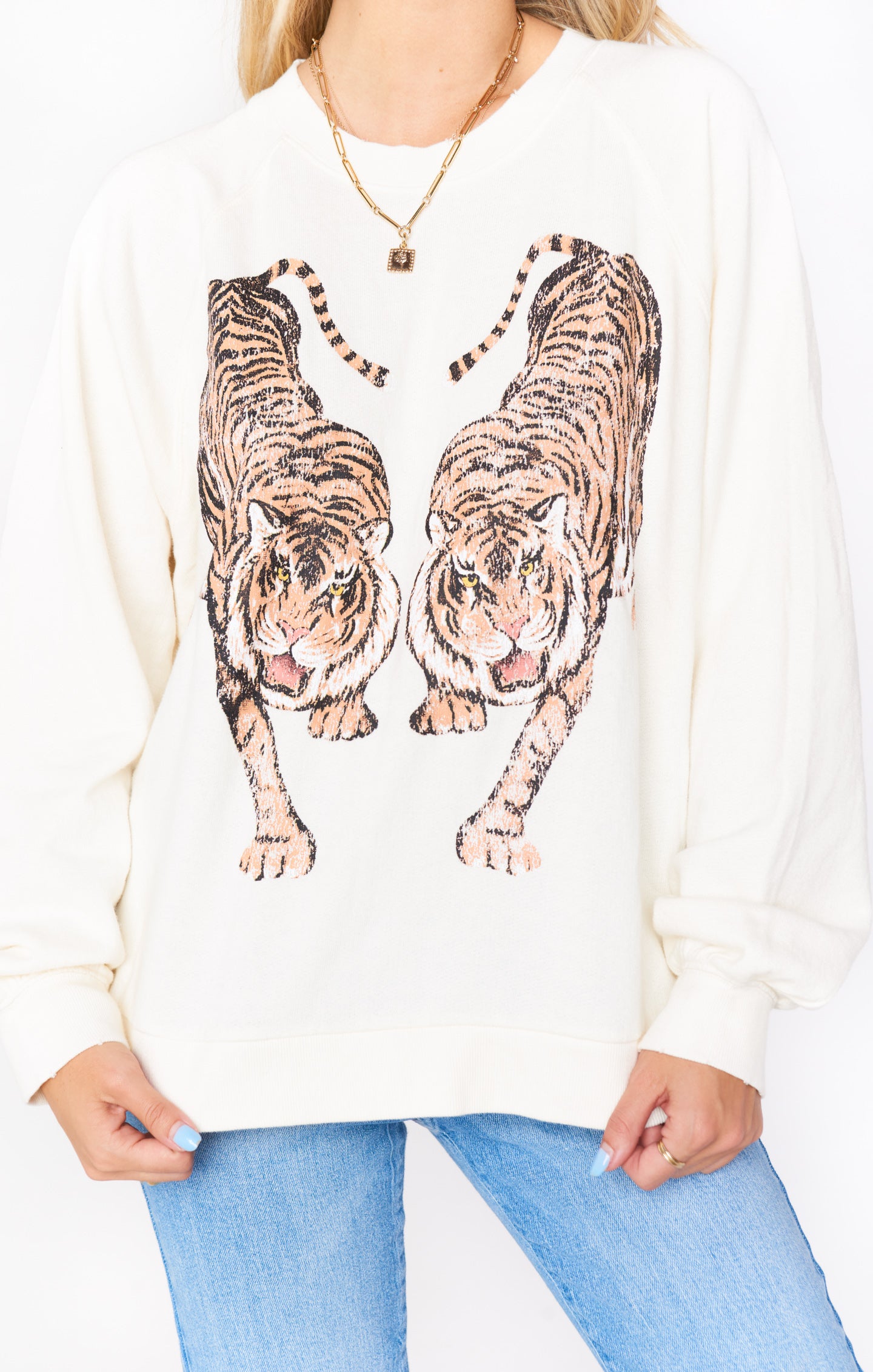 Simon Cream Tiger Graphic Pullover Sweater