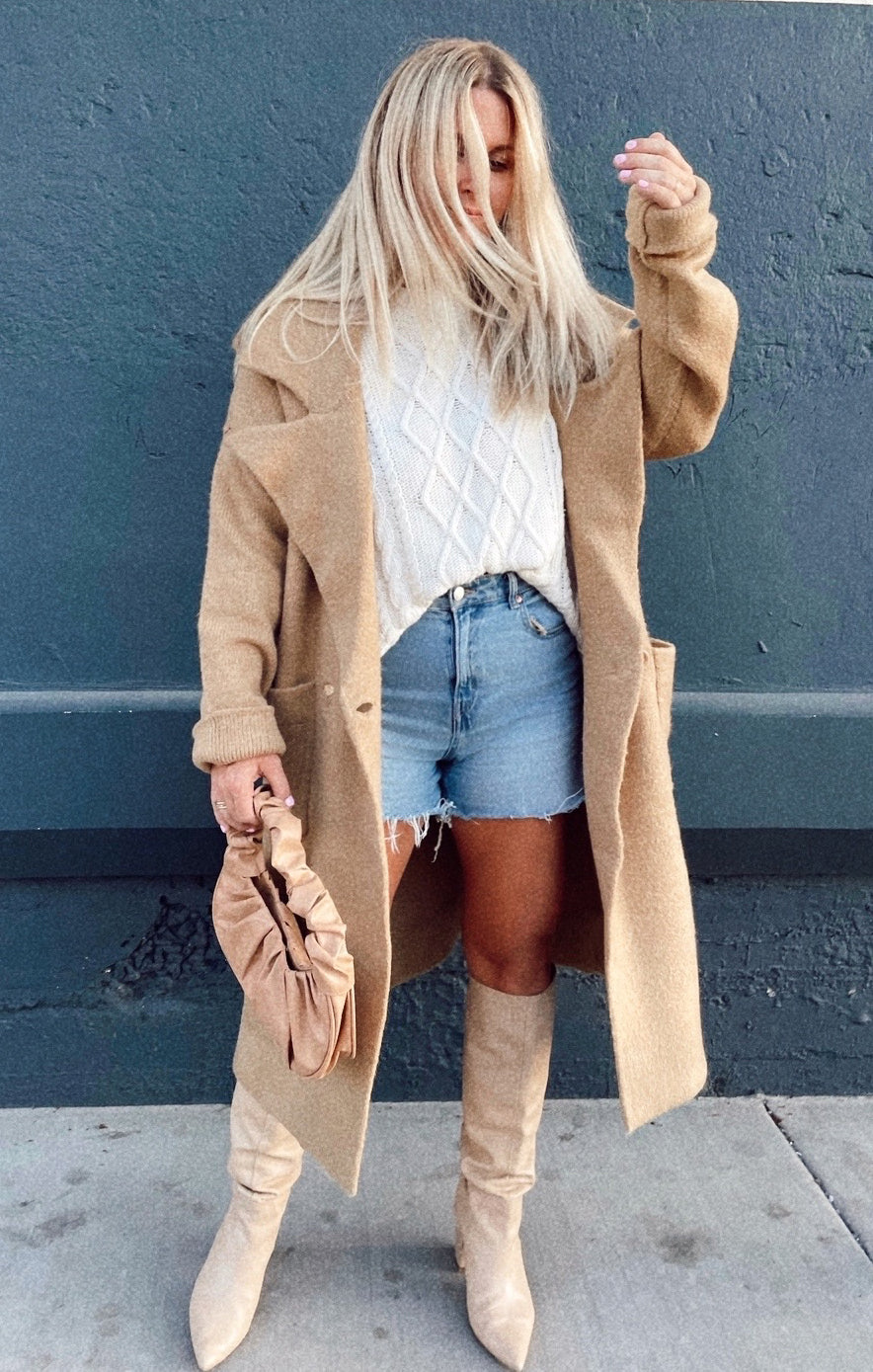 Melrose Oversized Knit Sweater Jacket in Camel Tan