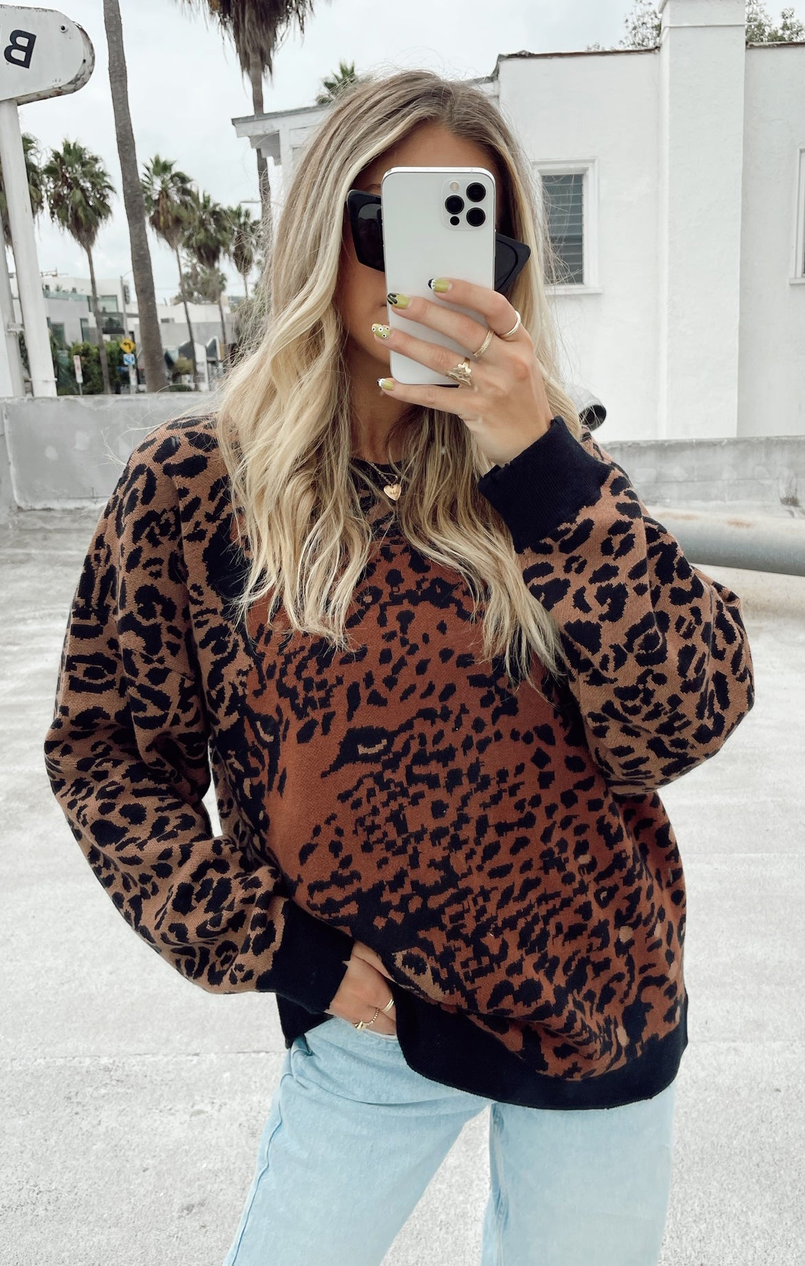 Oversized Leopard Knit Sweater - Cozy Puff Sleeve Pullover