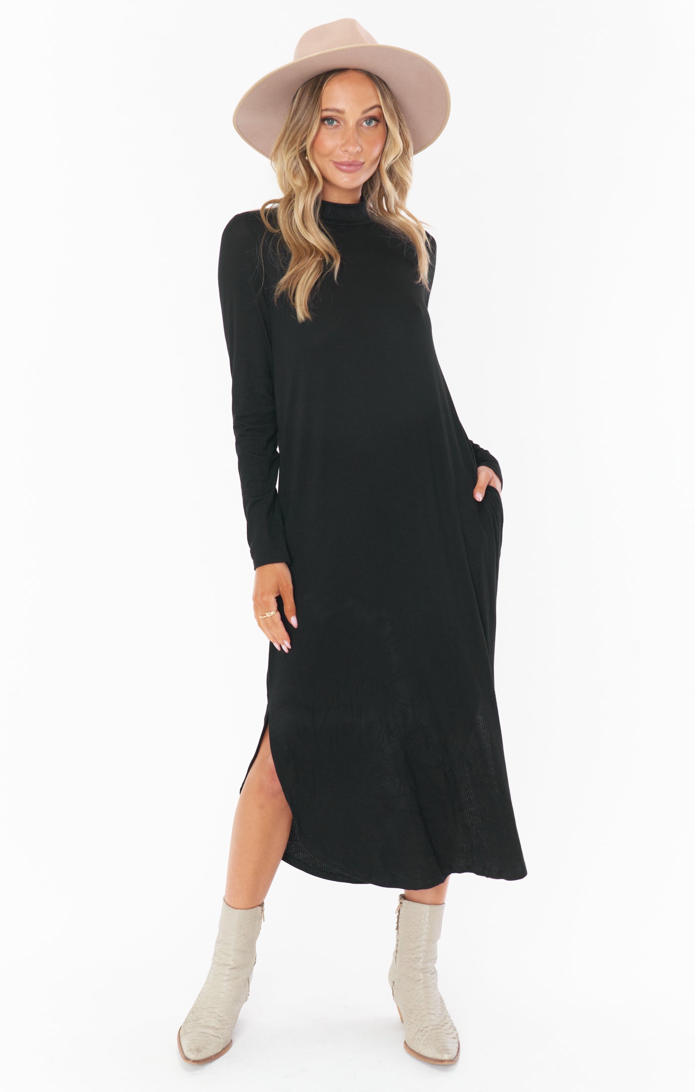 Black Rib Knit Midi Dress with Mock Turtleneck & Side Slit