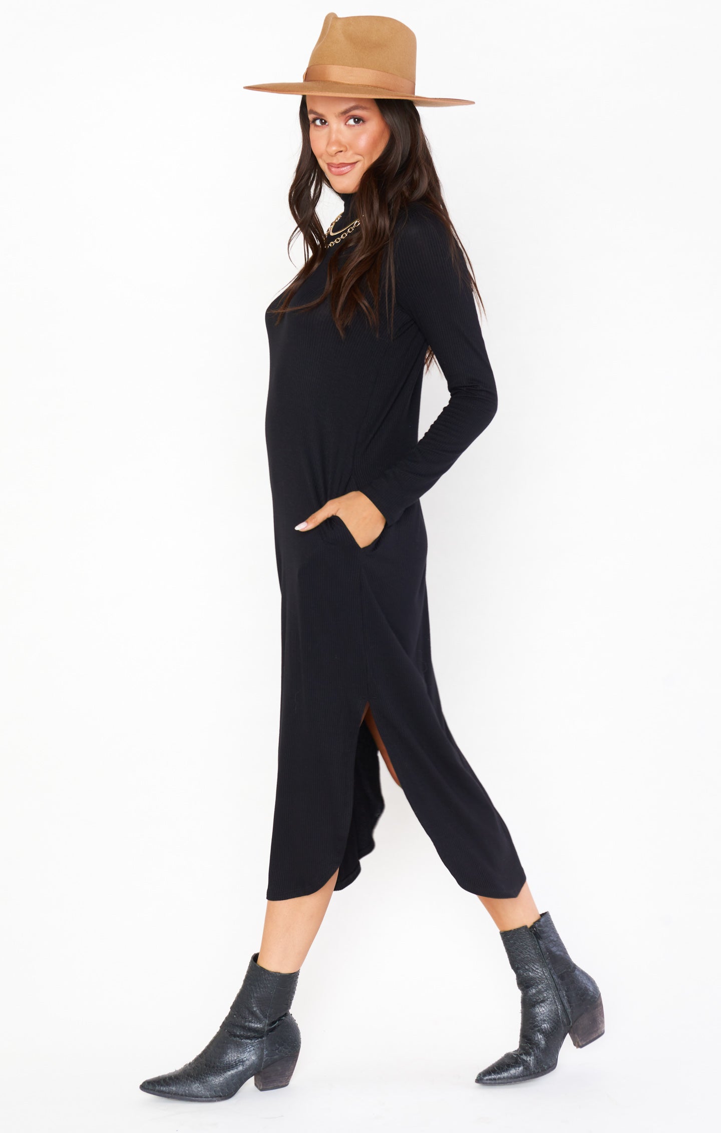 Black Rib Knit Midi Dress with Mock Turtleneck & Side Slit