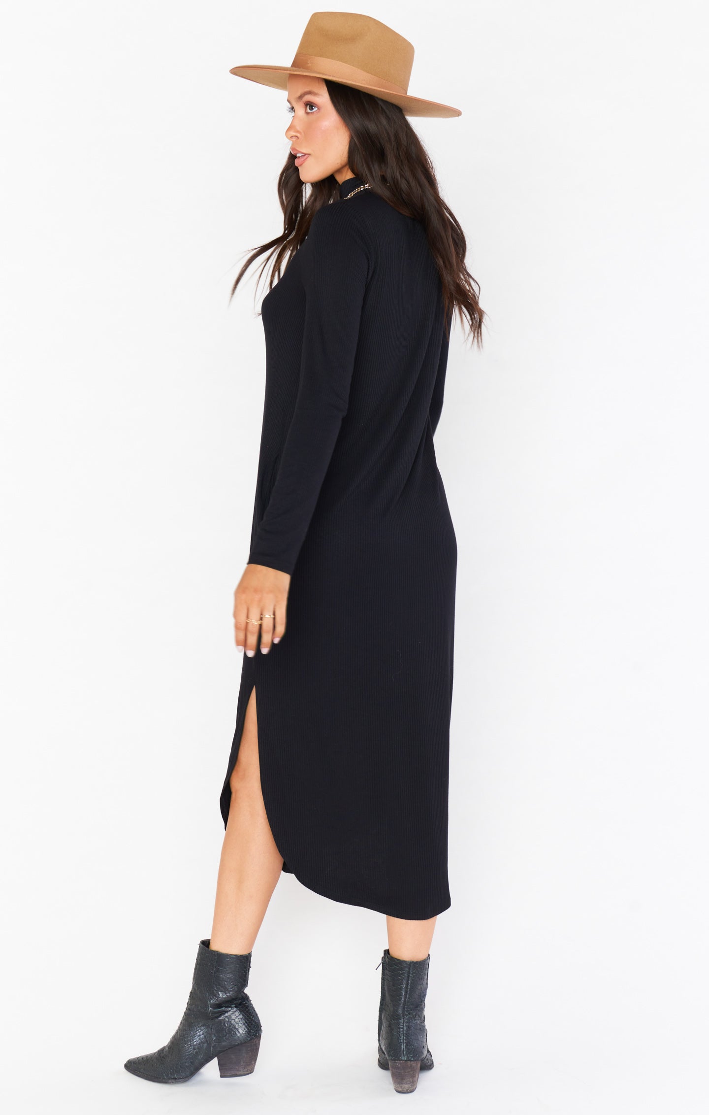 Black Rib Knit Midi Dress with Mock Turtleneck & Side Slit