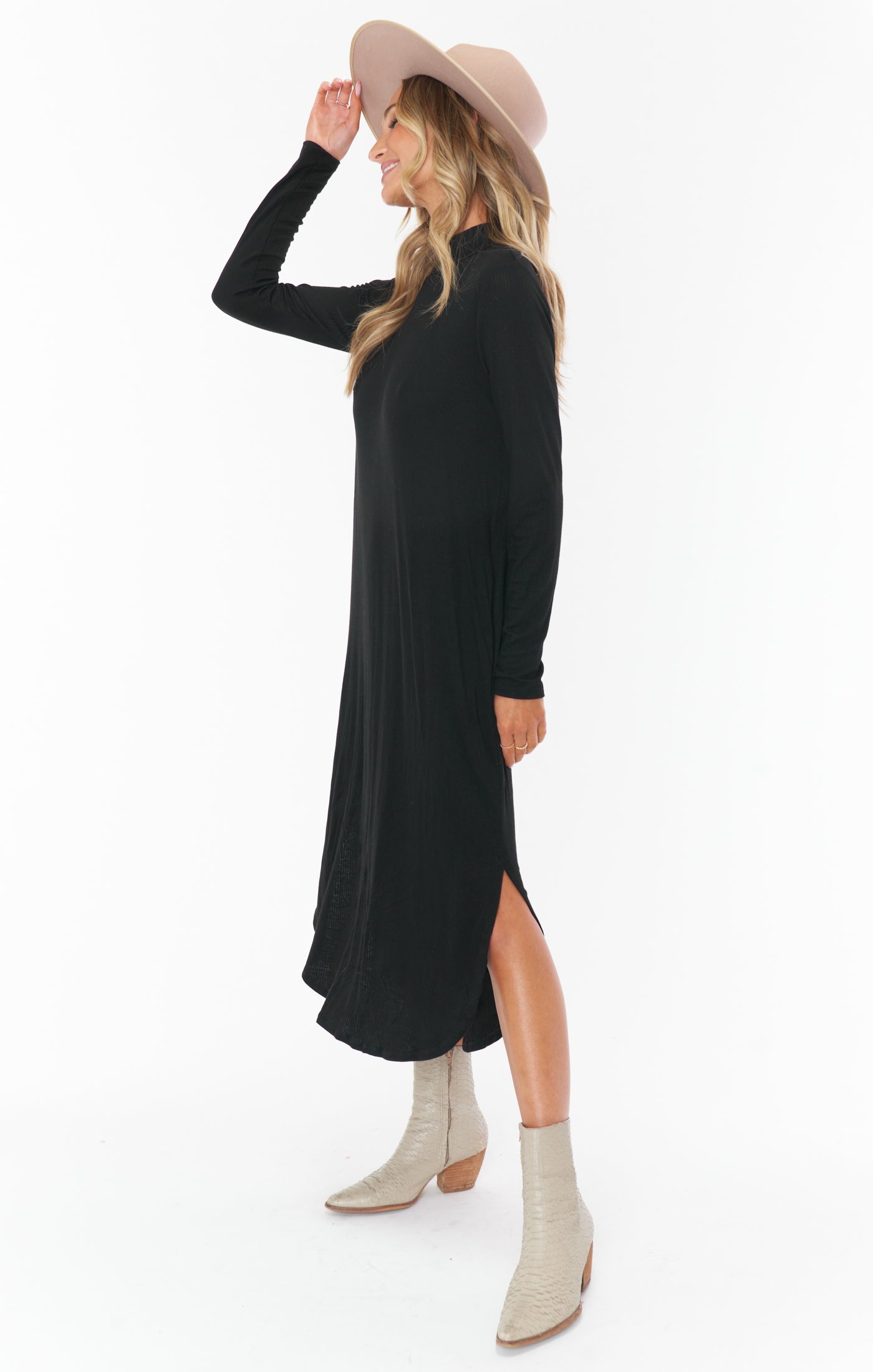 Black Rib Knit Midi Dress with Mock Turtleneck & Side Slit