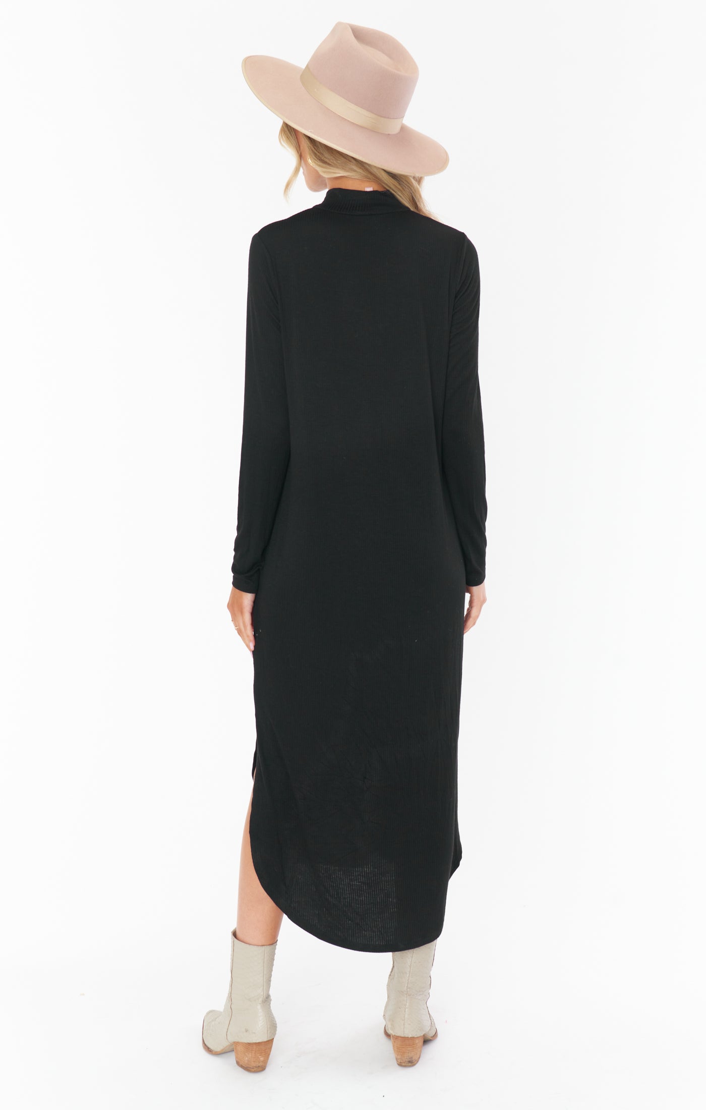 Black Rib Knit Midi Dress with Mock Turtleneck & Side Slit