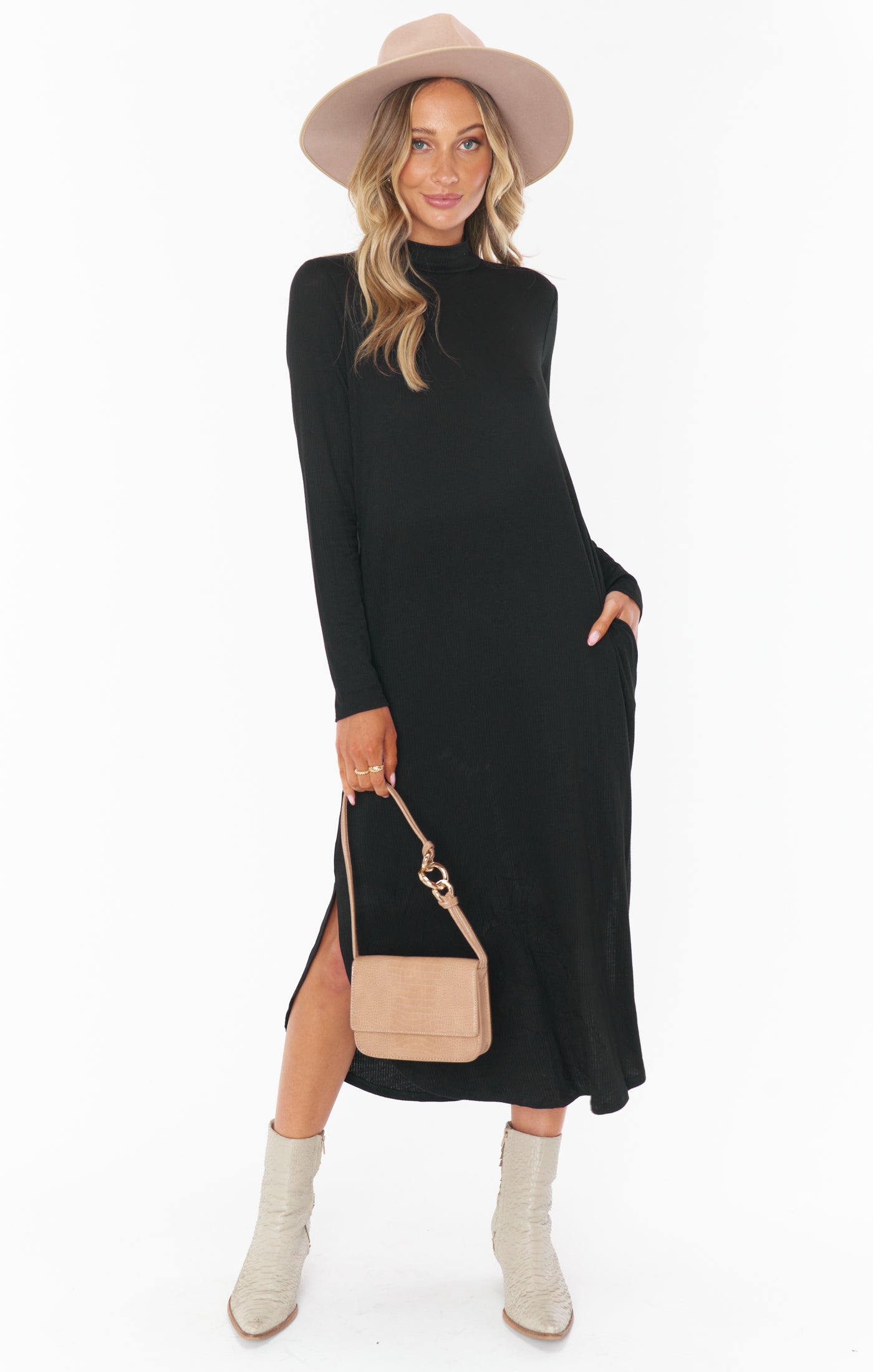 Black Rib Knit Midi Dress with Mock Turtleneck & Side Slit