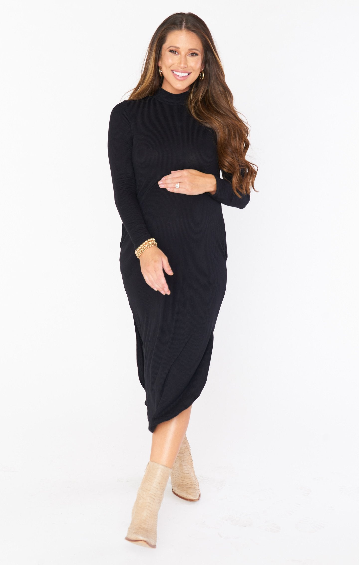 Black Rib Knit Midi Dress with Mock Turtleneck & Side Slit