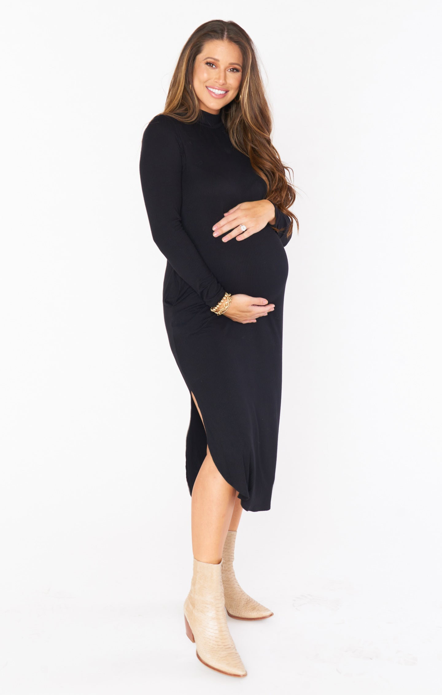 Black Rib Knit Midi Dress with Mock Turtleneck & Side Slit