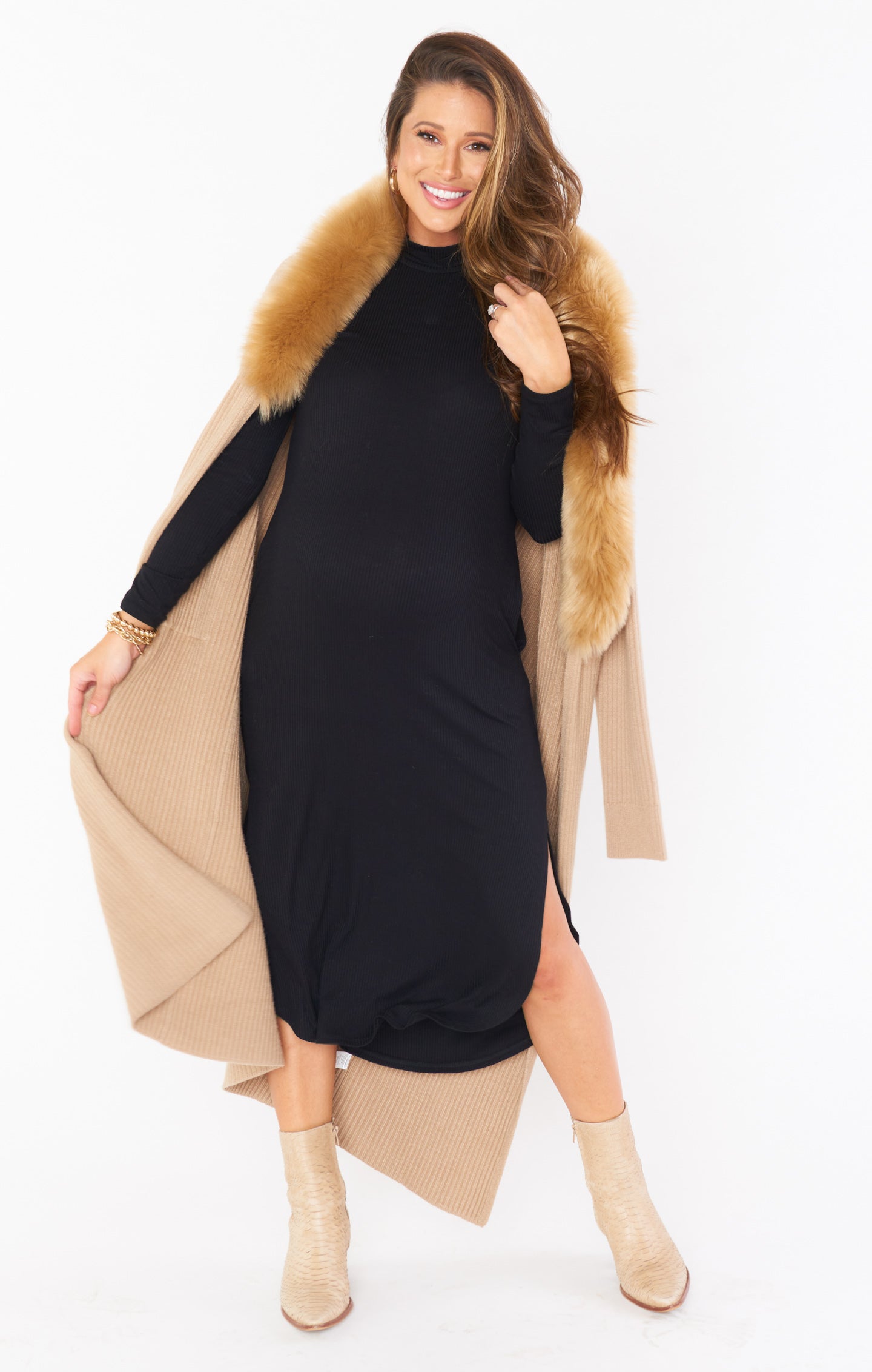 Black Rib Knit Midi Dress with Mock Turtleneck & Side Slit