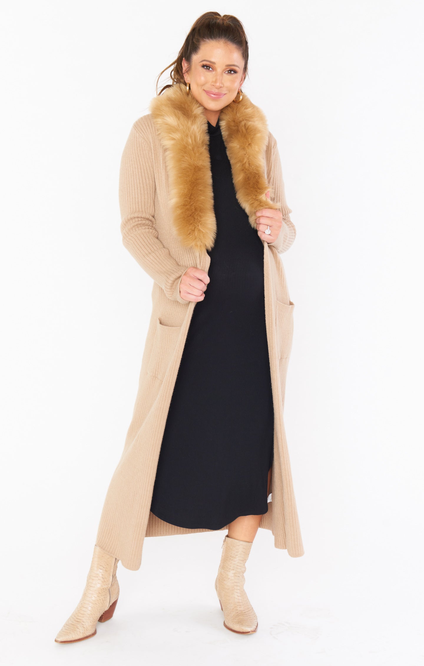 Black Rib Knit Midi Dress with Mock Turtleneck & Side Slit